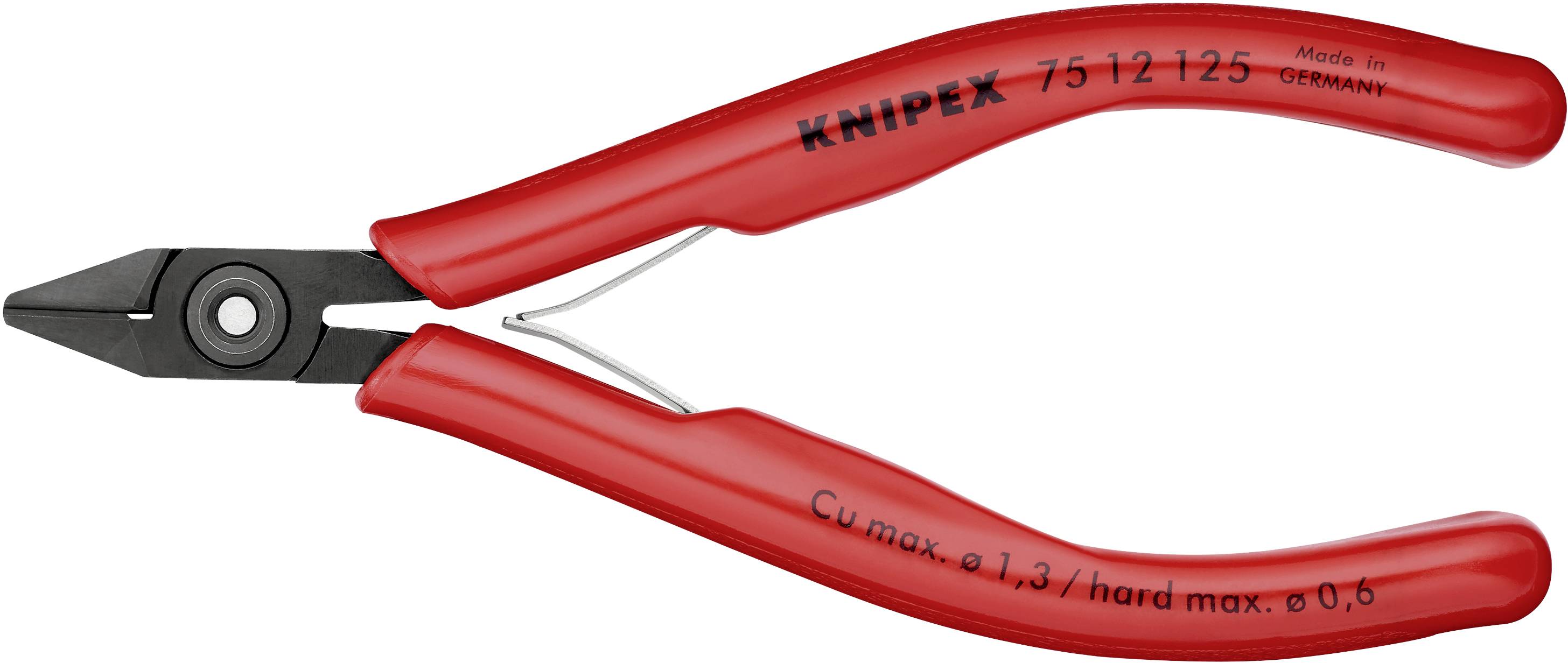 Eine rote Drahtschere mit Metallklingen, geeignet für Kupferdrähte bis 1,3 mm. Markenname und Spezifikationen sind auf dem Griff eingraviert.