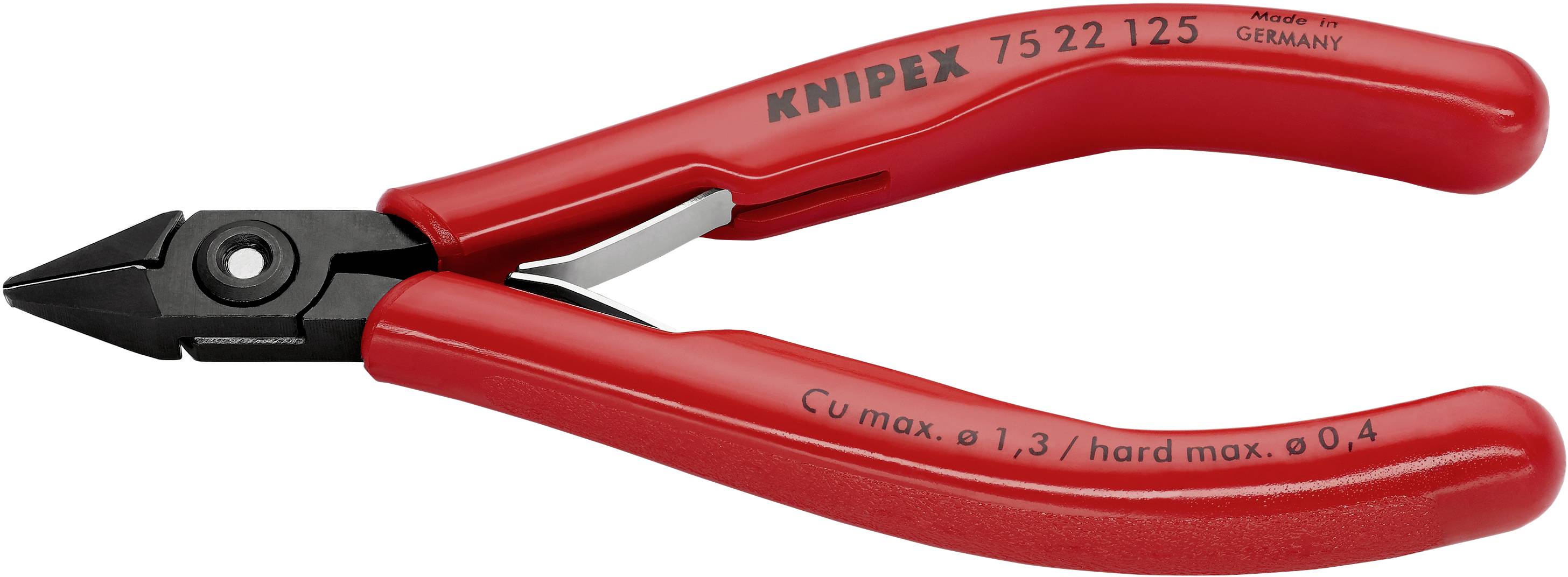 Abgebildet ist ein Knipex-Seitenschneider mit roten Griffen, schwarzem Schneidkopf und der Aufschrift 'Made in Germany' auf dem Griff.