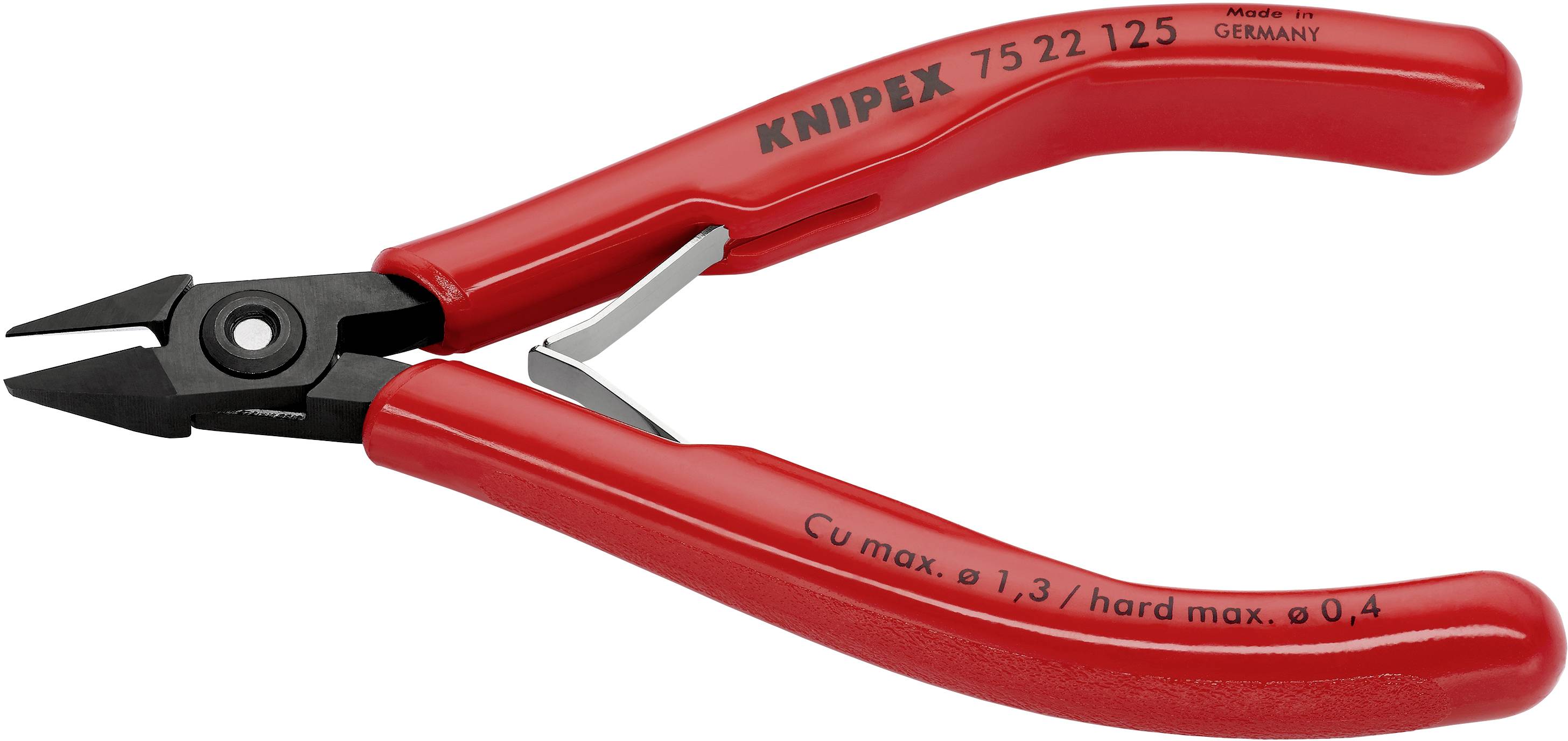 Rote Knipex-Seitenschneider, Modell 75 22 125, geeignet für Cu mit Durchmesser bis 1,3 mm und Hartmaterial bis 0,4 mm. Made in Germany.