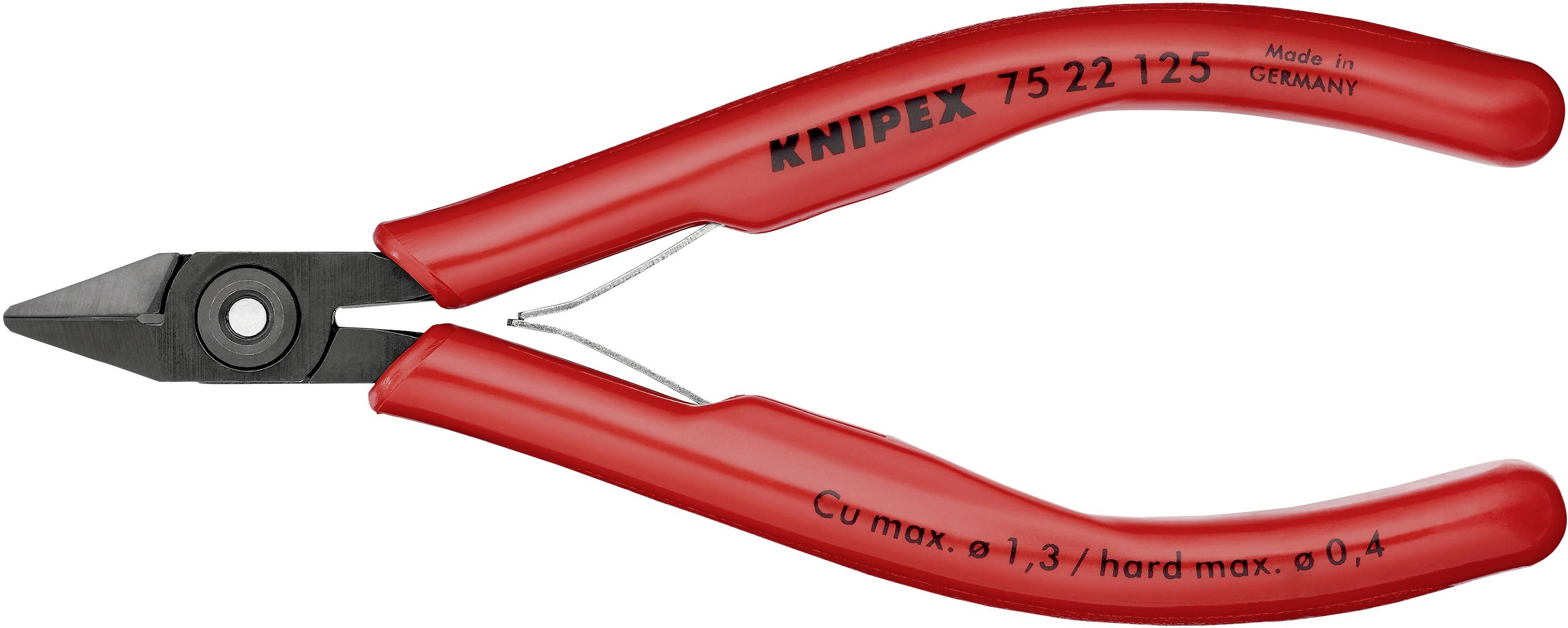 Seitenschneider mit roten Griffen, geeignet zum Schneiden von Kupferdrähten bis 1,3 mm und harten Drähten bis 0,4 mm, Marke Knipex.