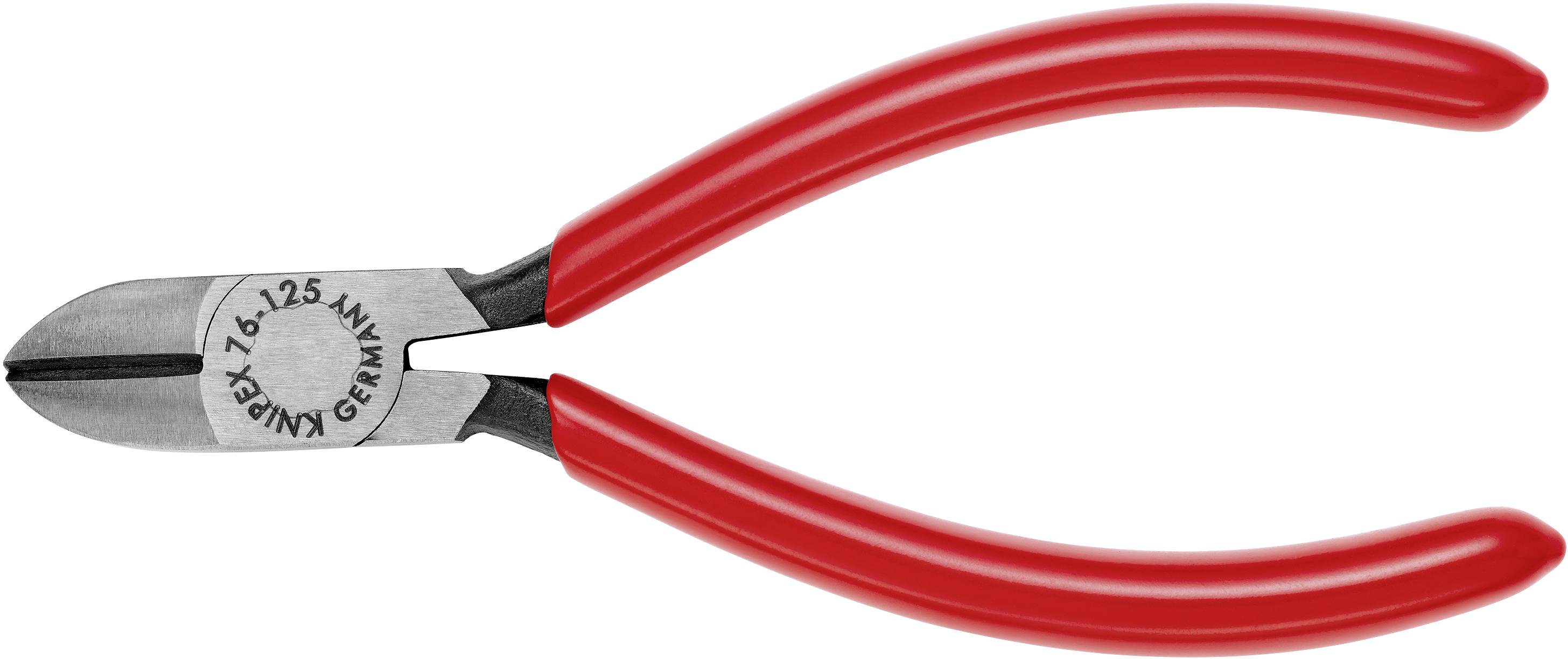 Rote Seitenschneiderzange mit Metallkopf und Marke 'KNIPEX' graviert auf der Klinge. Sie wird zum präzisen Schneiden von Drähten verwendet.