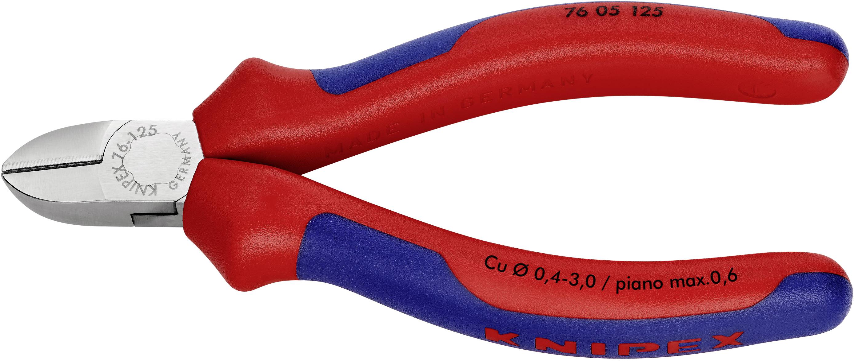 Rote und blaue Seitenschneiderzange mit Metallkopf, geeignet für Drahtschneiden. Markierungen auf Griff und Metall zeigen Spezifikationen.