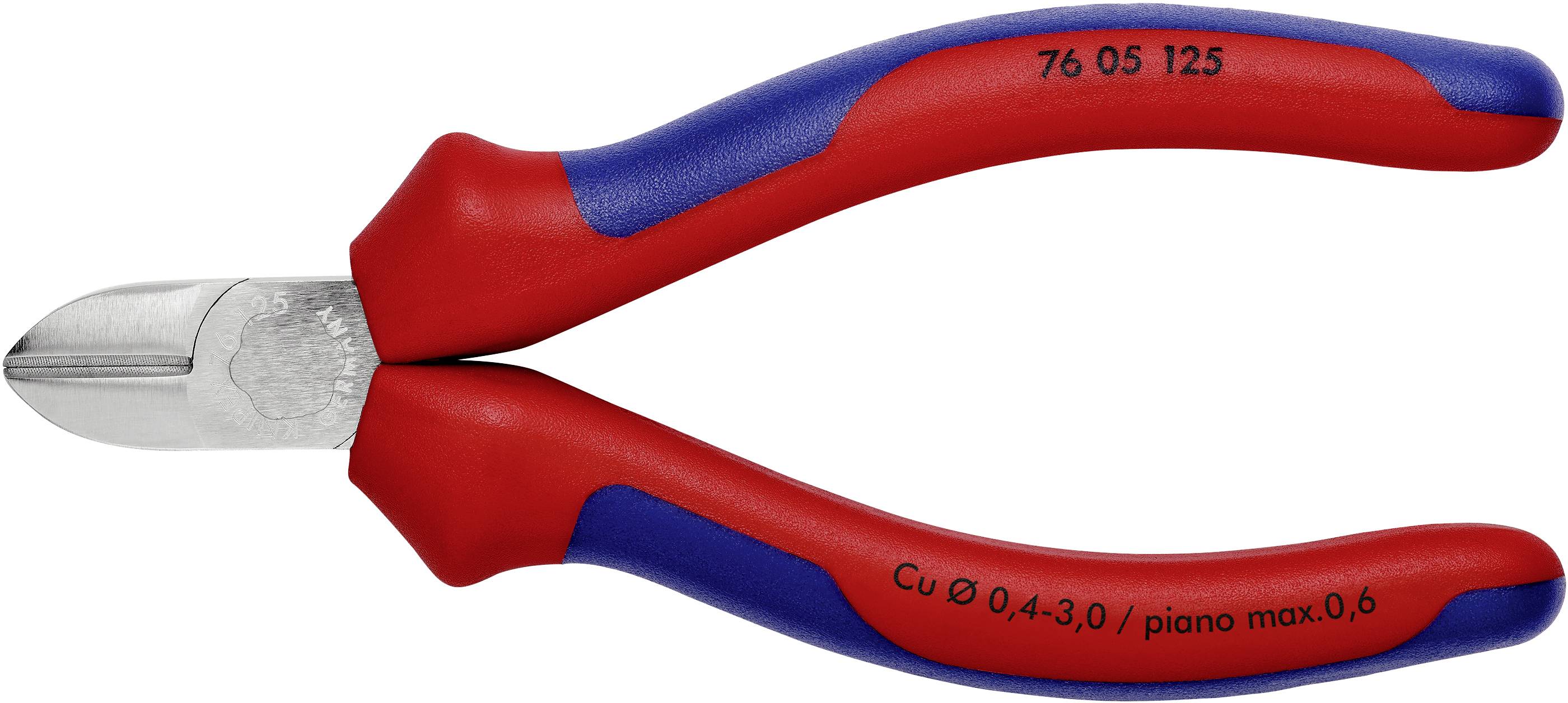 Rote und blaue Seitenschneider-Zange mit Beschriftung '76 05 125' und 'Cu Ø 0.4-3.0 / piano max. 0.6'.