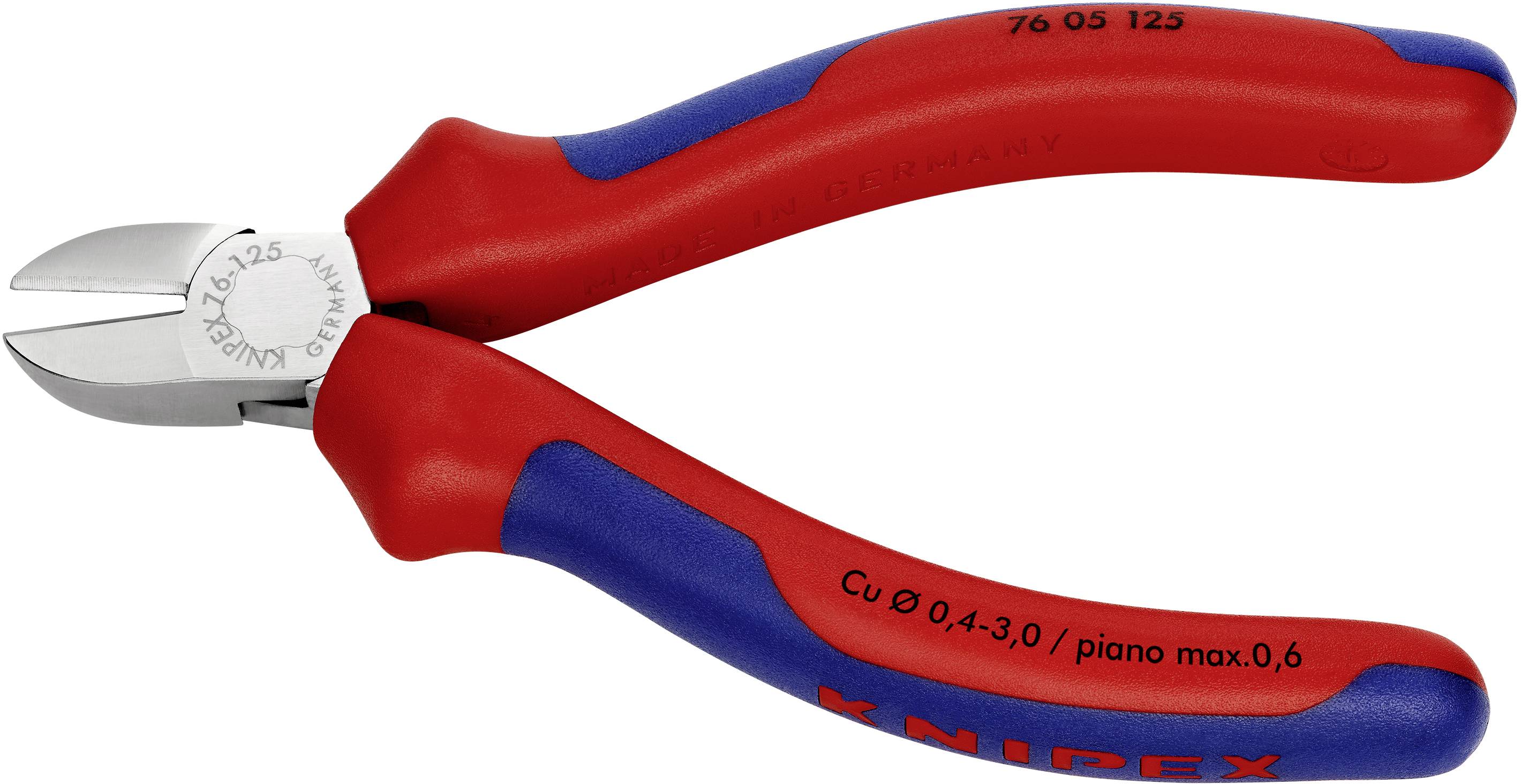 Rote und blaue Kabelschneider mit Metallklingen und der Beschriftung 'Knipex'. Geeignet zum Schneiden von Draht bis 0,6 mm.