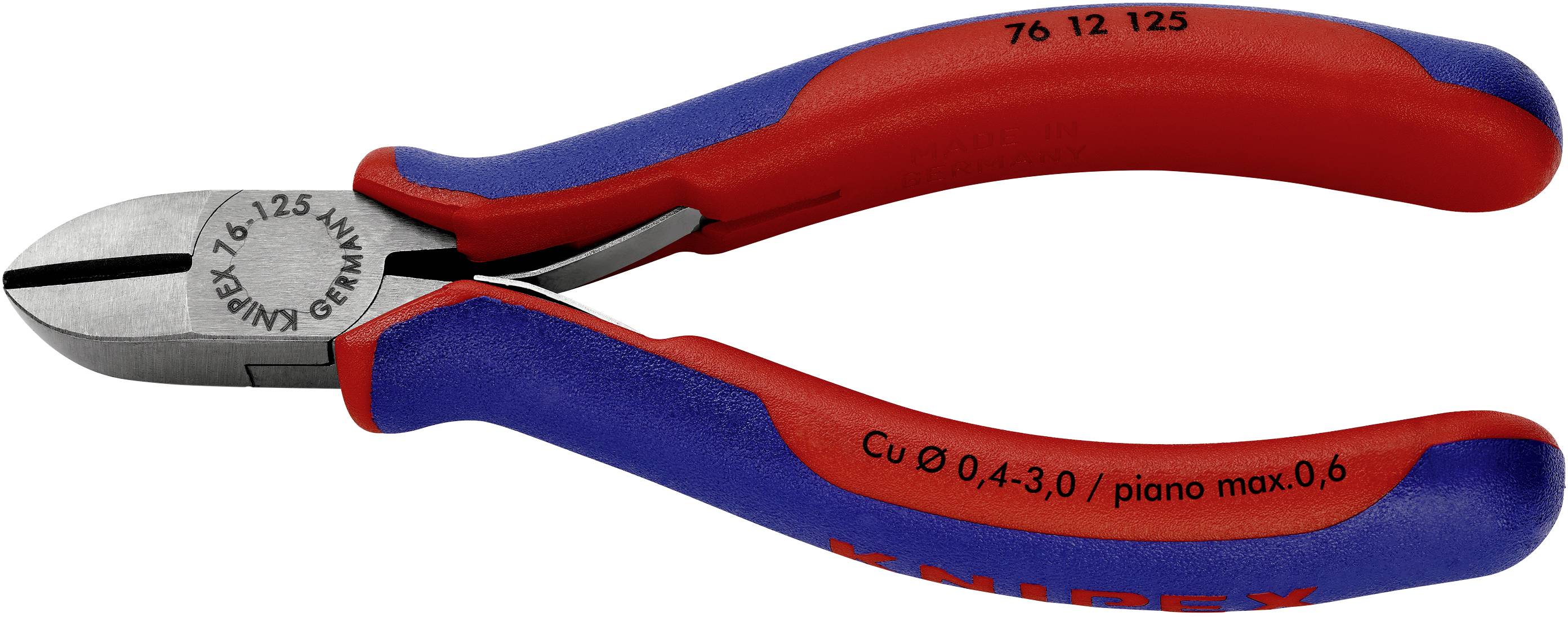 Eine blaue und rote Knipex-Zange mit der Aufschrift 'Cu Ø 0,4-3,0 / piano max. 0,6', geeignet für feines Schneiden.