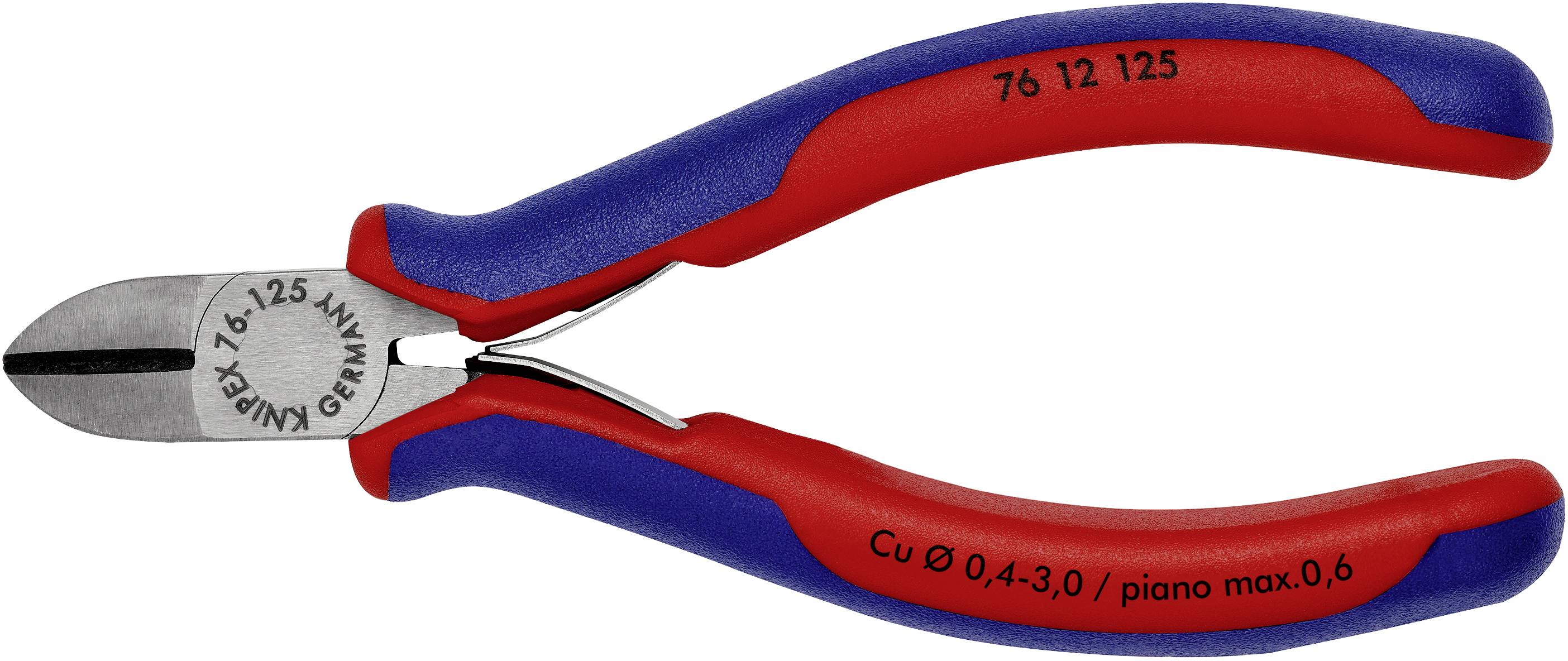 Eine rote und blaue Kneifzange, geeignet für Schneidarbeiten. Sie hat die Aufschrift '76 12 125' und ist aus robustem Metall.
