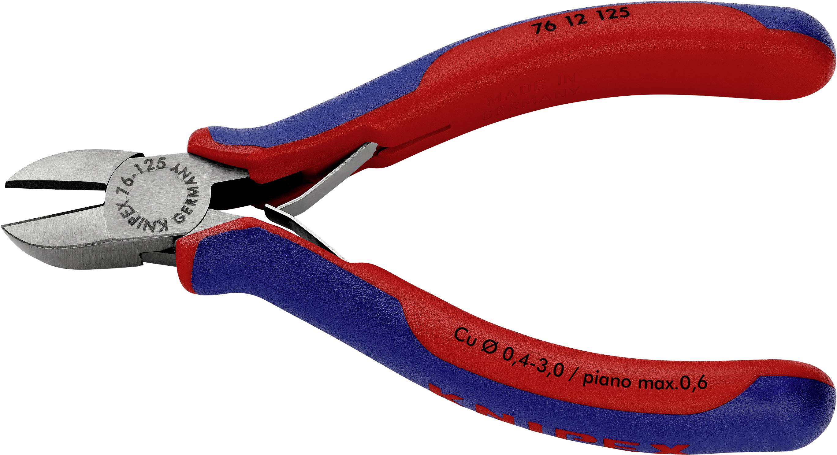 Eine rote und blaue Seitenschneiderzange. Aufschrift: '76 12 125', 'Knipex Germany'. Geeignet für Drahtdurchmesser bis 4 mm.