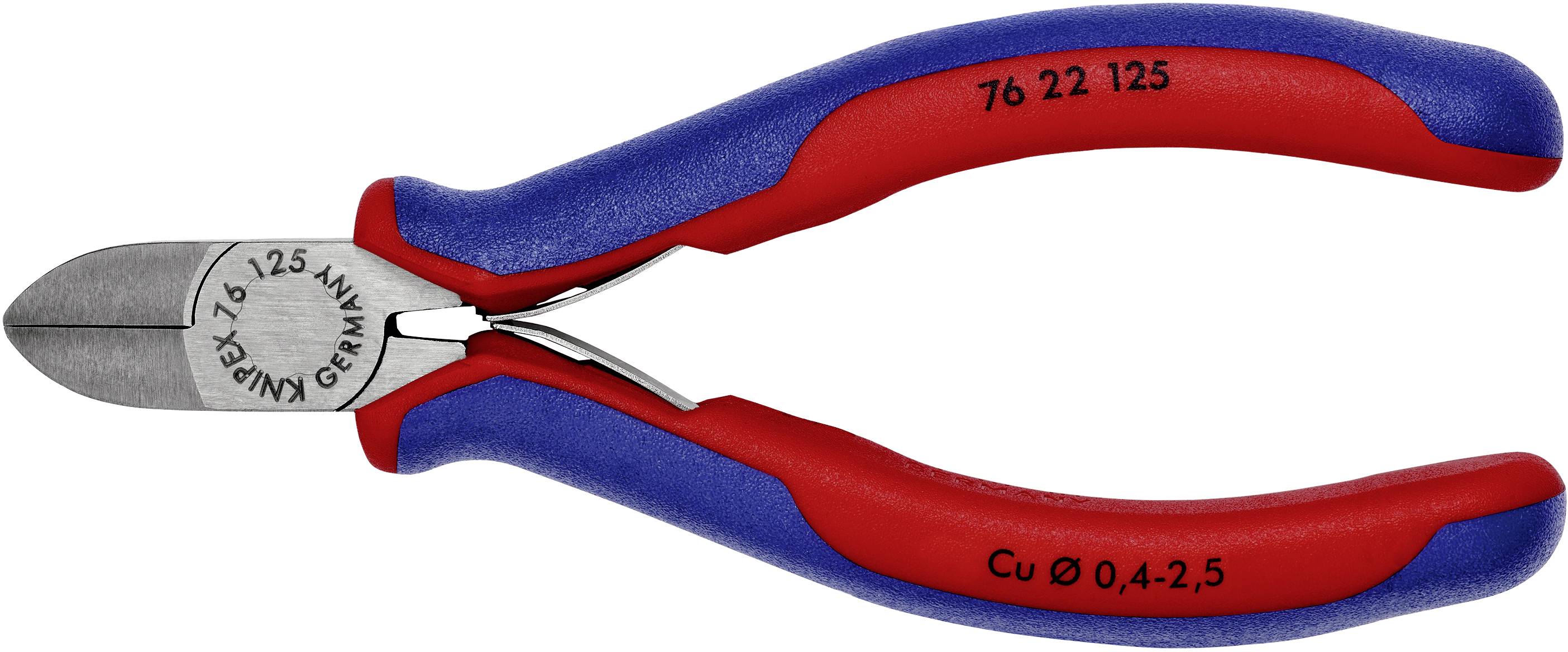 Seitenschneider mit rot-blauem Griff, geeignet zum Schneiden von Drähten mit einem Durchmesser von 0,4 bis 2,5 mm.
