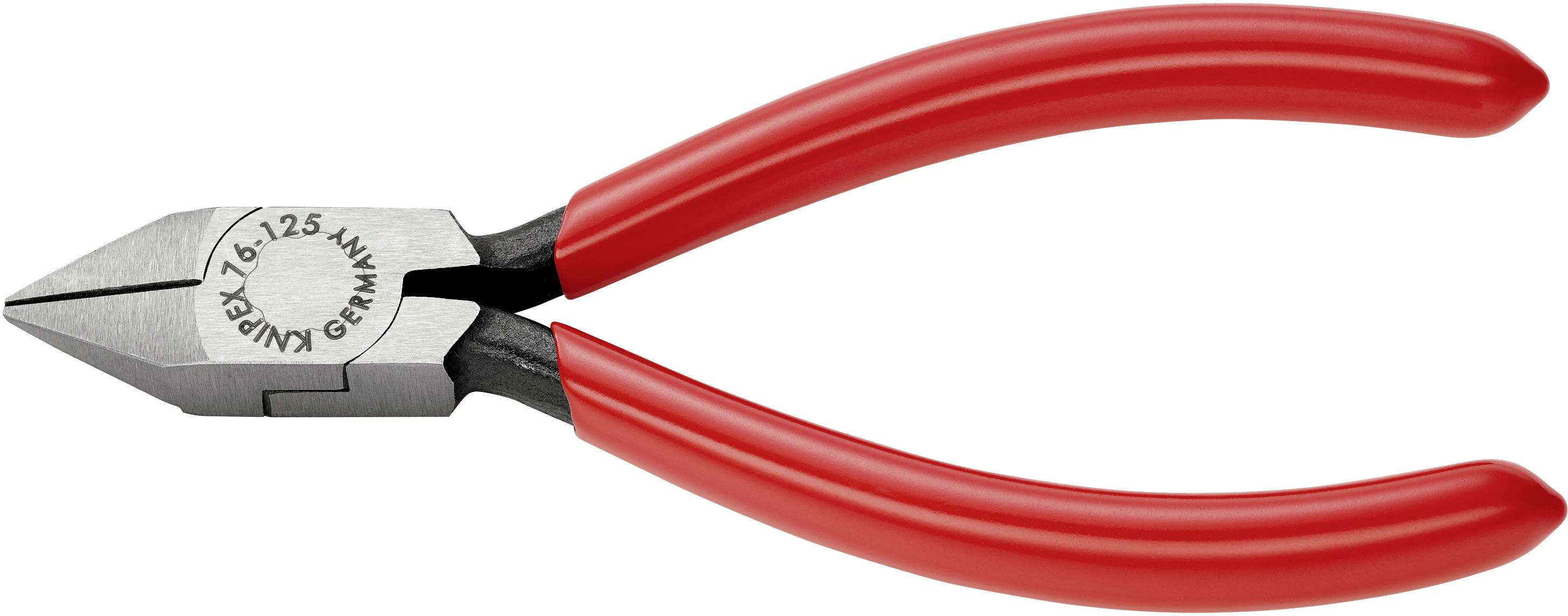 Rote Seitenschneider-Zange mit silberner Schneide, geeignet für Kabel- und Drahtschneiden. Aufschrift: '125 mm', 'Germany'.