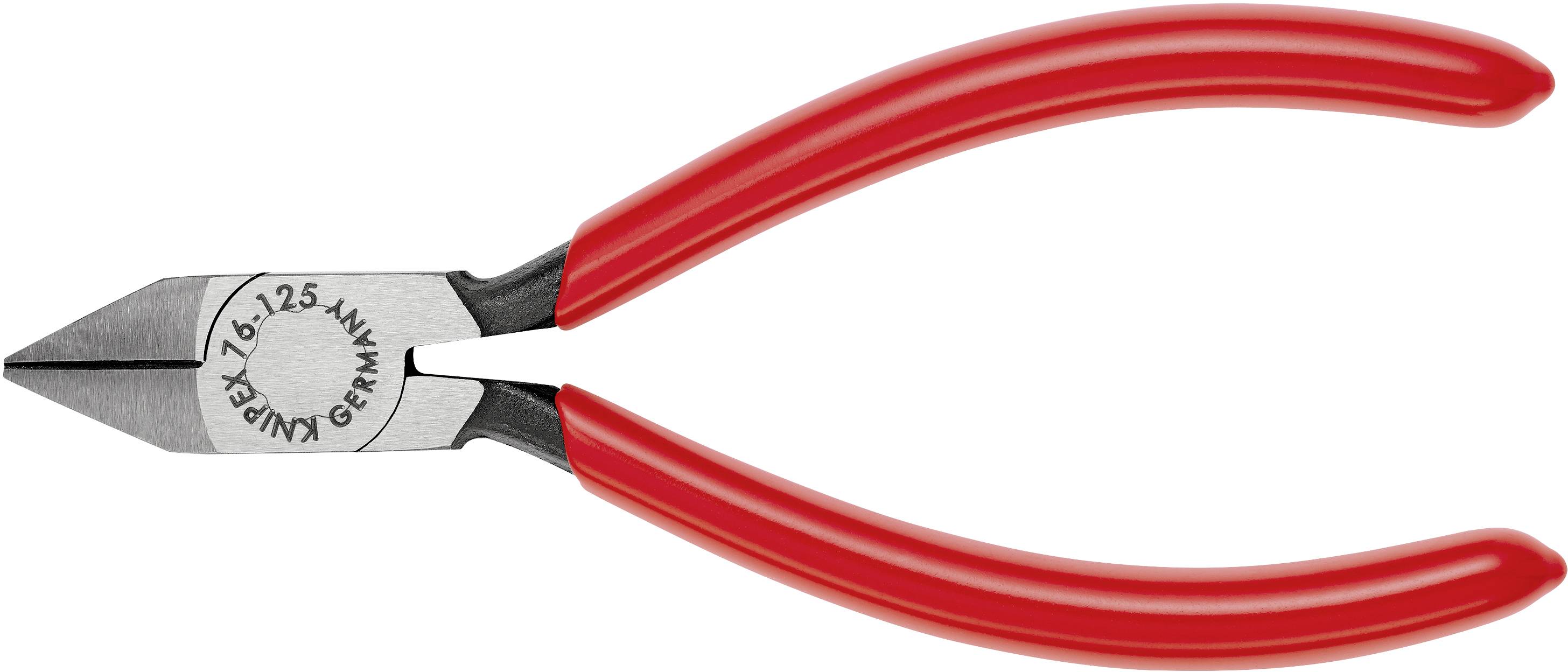 Eine rote Elektronik-Seitenschneiderzange mit der Aufschrift 'GEMÜNY Knipex' auf der Klinge. Geeignet für Präzisionsarbeiten.