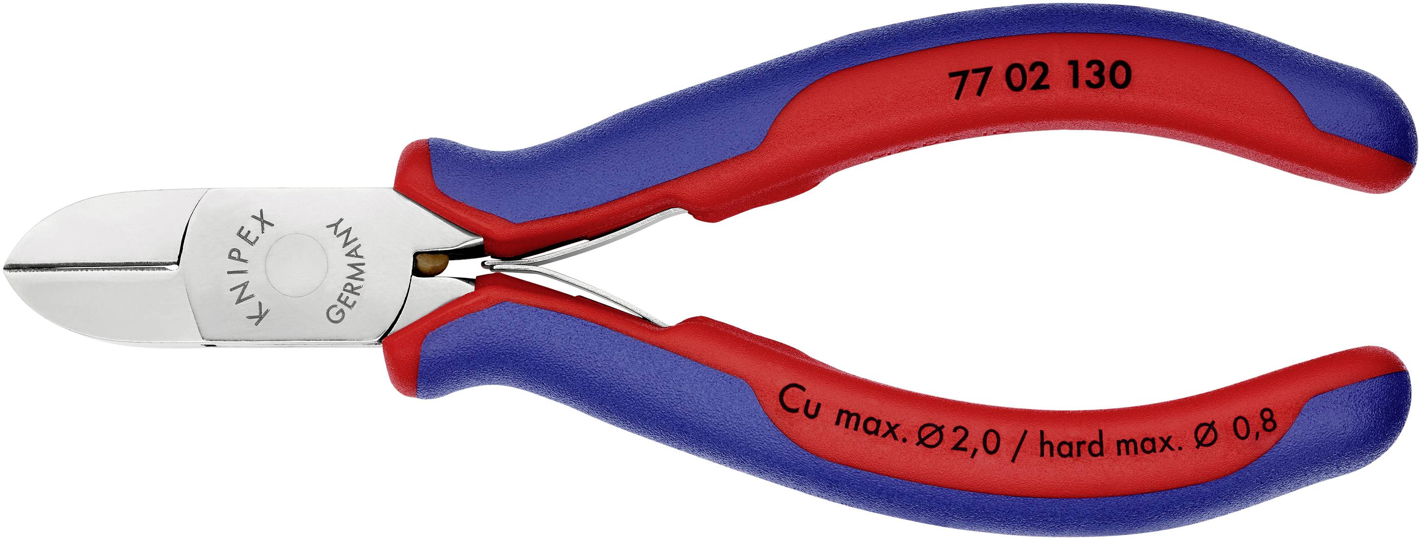 Seitenschneider der Marke Knipex, Modellnummer 77 02 130, mit blauen und roten Griffen, geeignet für Kupfer und harte Drähte.