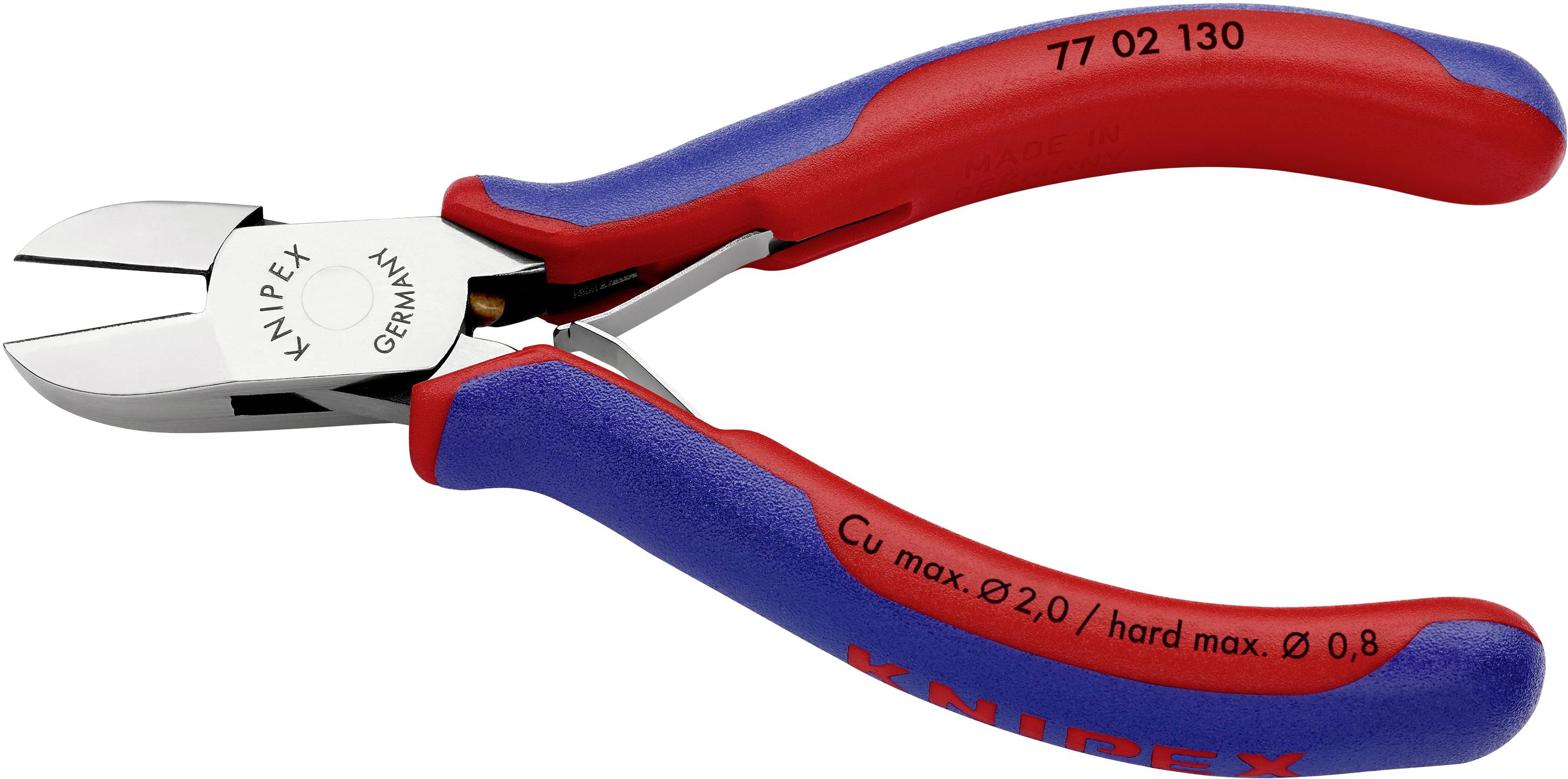Eine rote und blaue Knipex-Zange mit der Aufschrift 'Cu max. Ø2,0 / hard max. Ø0,8', benutzt zum Schneiden von Drähten.