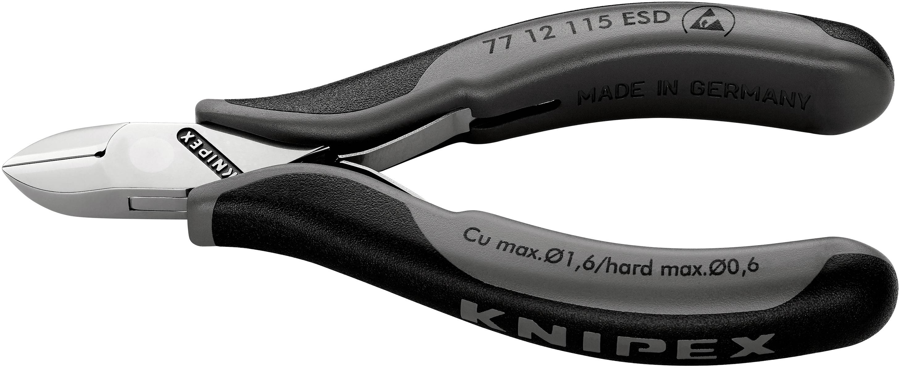 Seitenschneider von Knipex mit schwarzem Griff, Inschrift 'MADE IN GERMANY', geeignet für Kupfer- und Hartdraht, Modell 77 12 115 ESD.