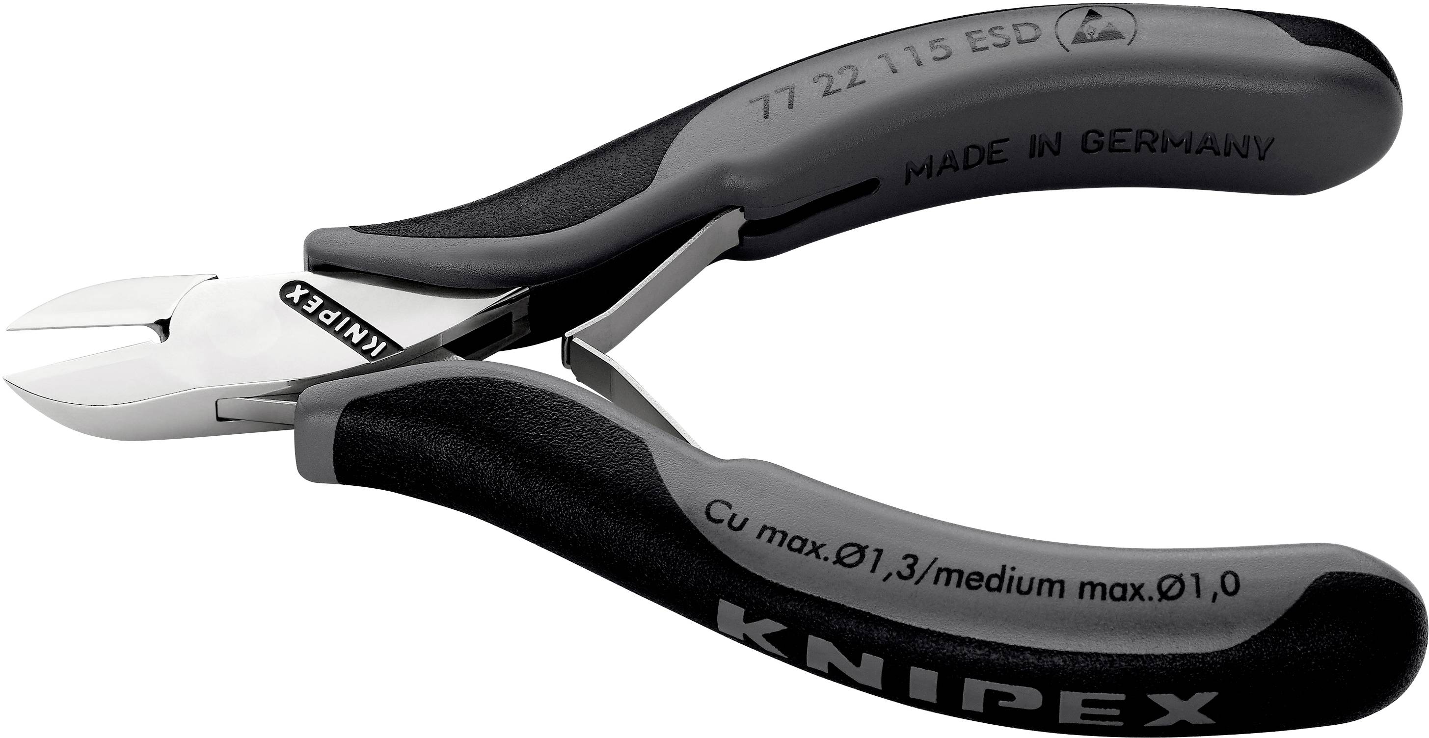 Seitenschneider mit schwarzem und grauem Griff, Markenname 'KNIPEX', Aufschrift 'MADE IN GERMANY', geeignet für Cu-Clips bis Ø1,3 mm.