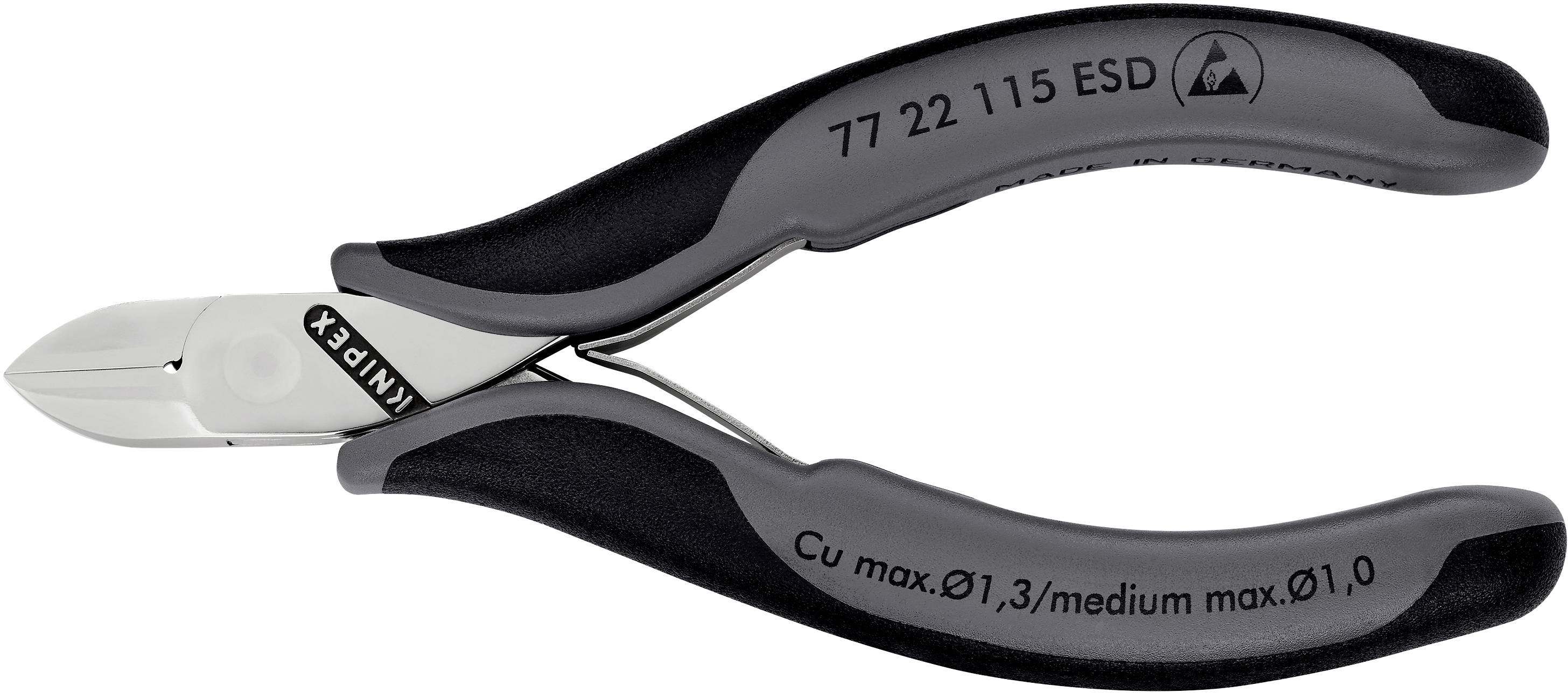 Schwarzer und grauer Seitenschneider mit ergonomischen Griffen, geeignet für präzises Schneiden von Drähten bis zu einem Durchmesser von 1,0 mm.