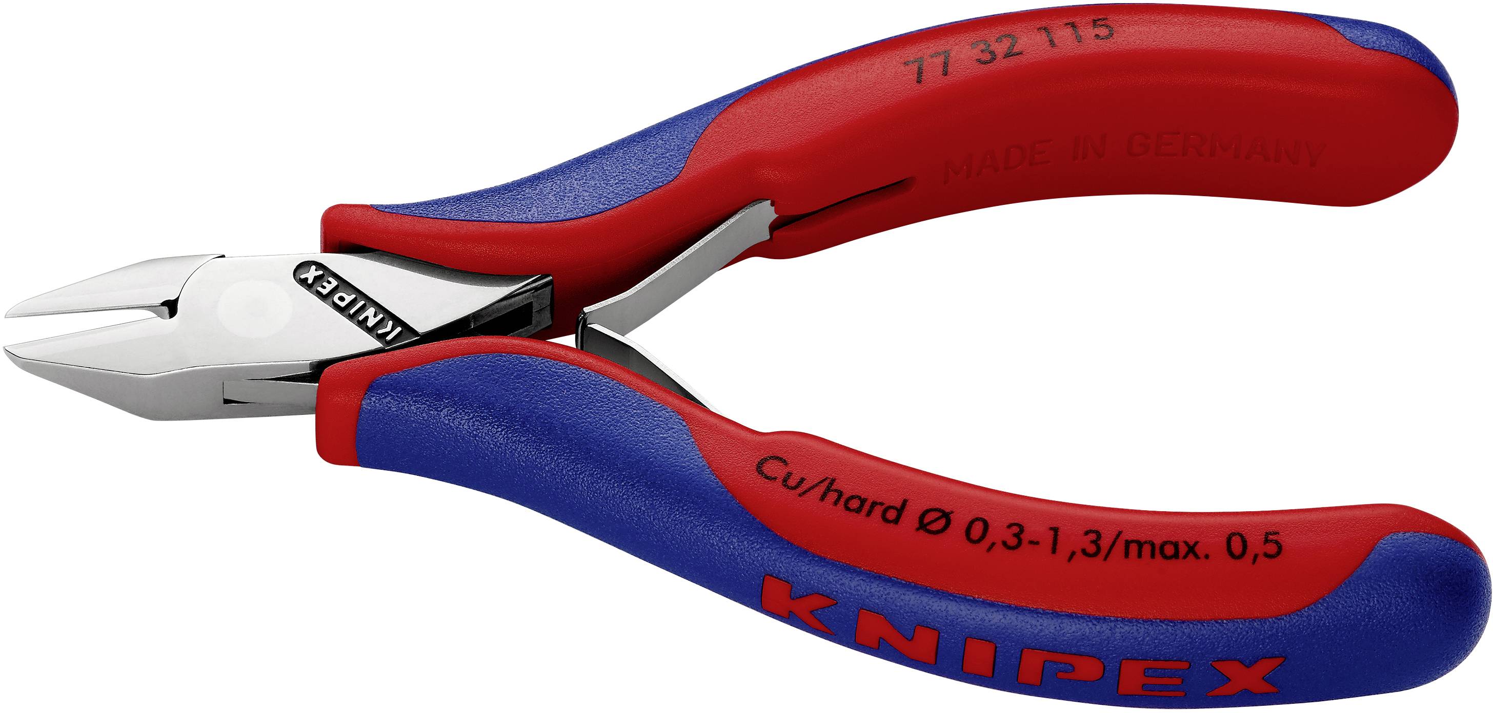 Seitenschneider mit roten und blauen Griffen, geeignet zum Schneiden von Kupferdraht bis 1,3 mm, Aufschrift 'Knipex'.