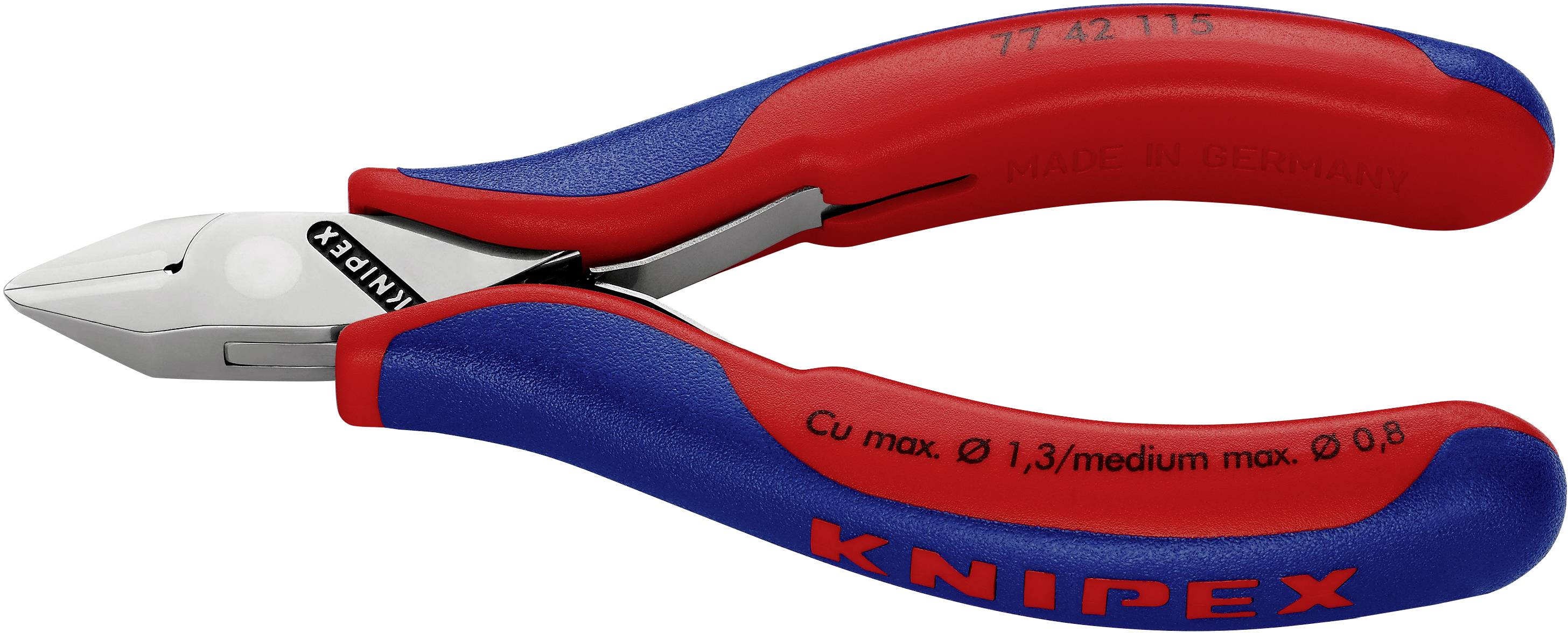 Seitenschneider mit blau-rotem Griff. Markierung: 'KNIPEX'. Schneidekapazität für Kupferdraht bis 1,3 mm.