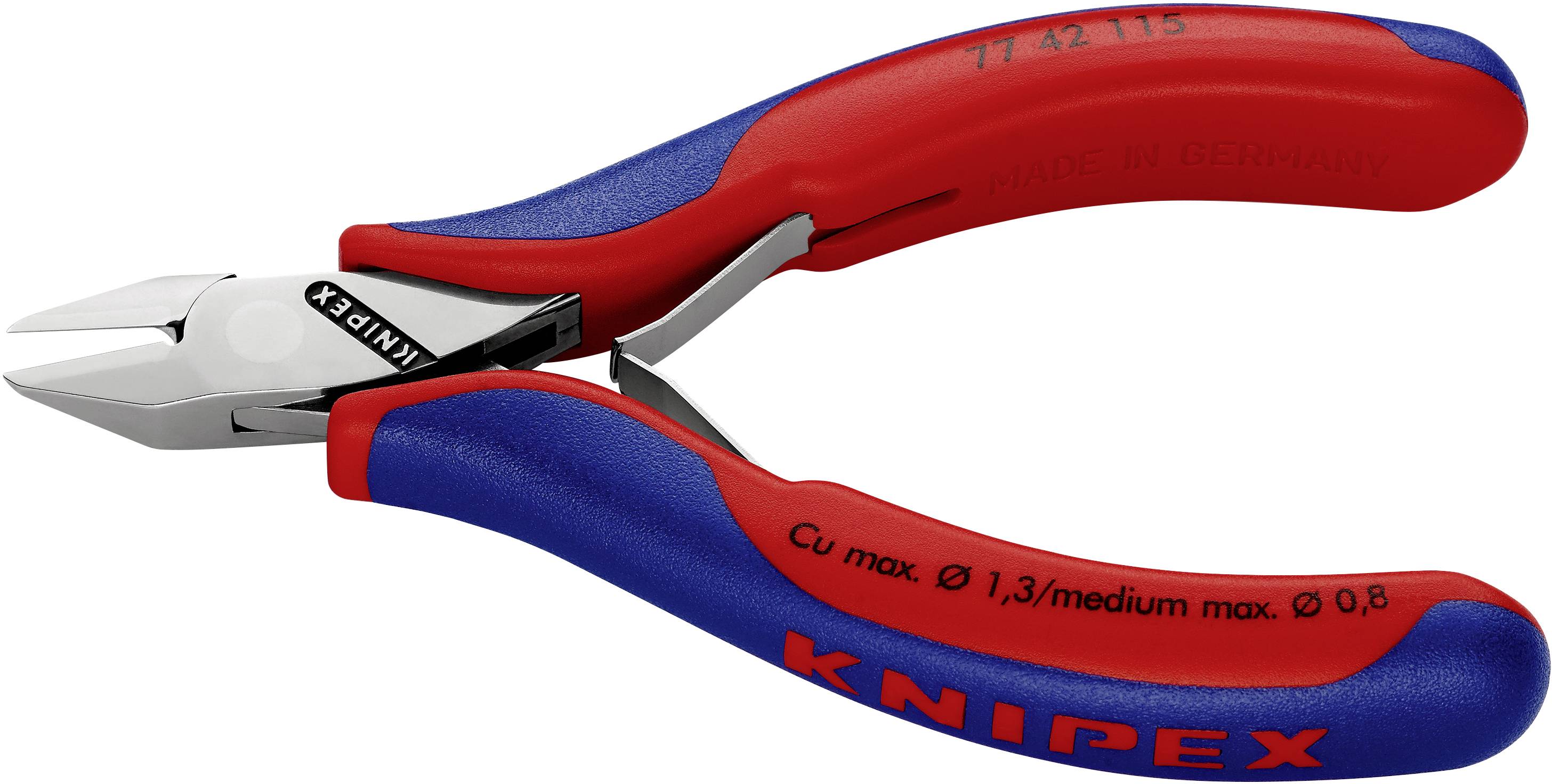 Rote und blaue Seitenschneider-Zange der Marke KNIPEX, geeignet zum Schneiden von Kupferdraht mit einem maximalen Durchmesser von 0,8 mm.