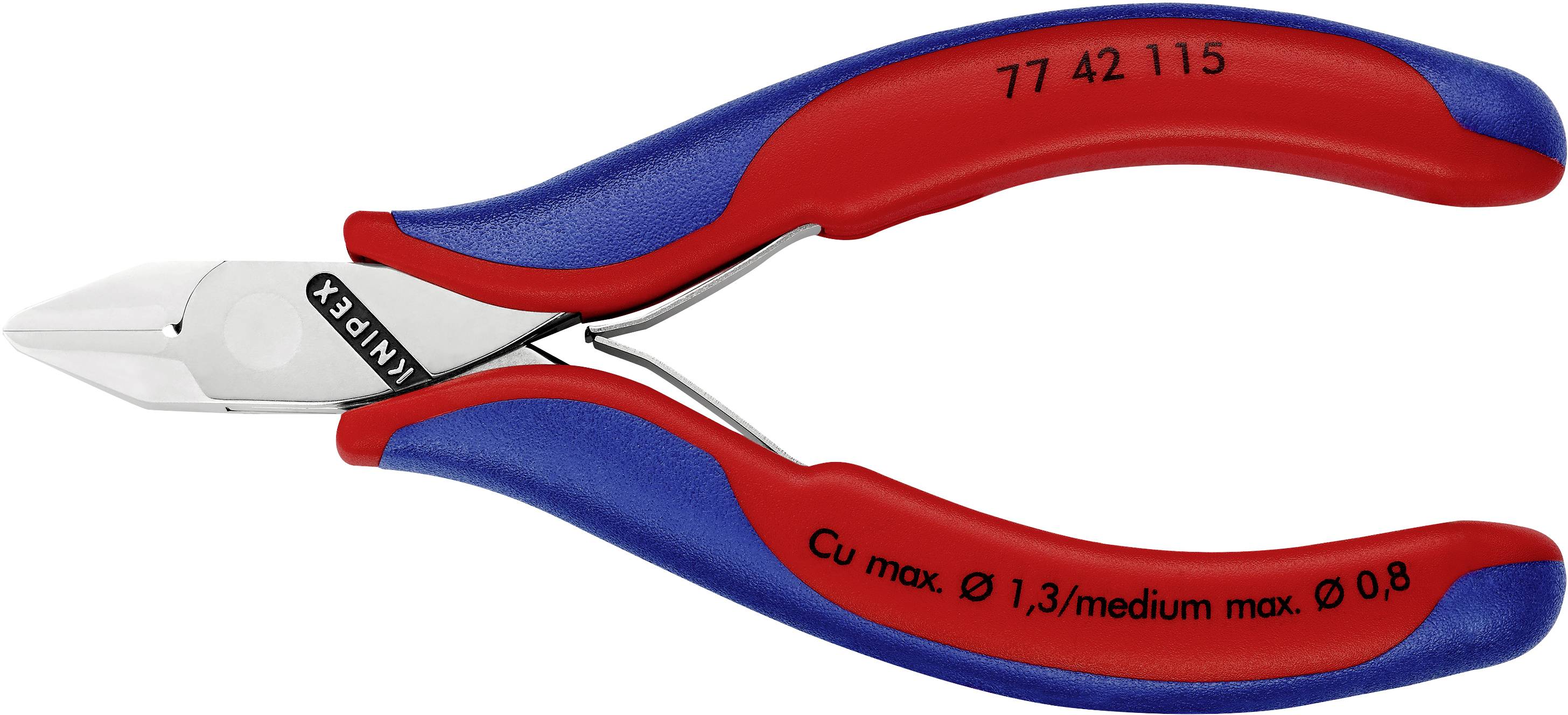 Ein rot-blauer Seitenschneider mit der Aufschrift 'Knipex' und technischen Spezifikationen auf den Griffen für präzises Schneiden.