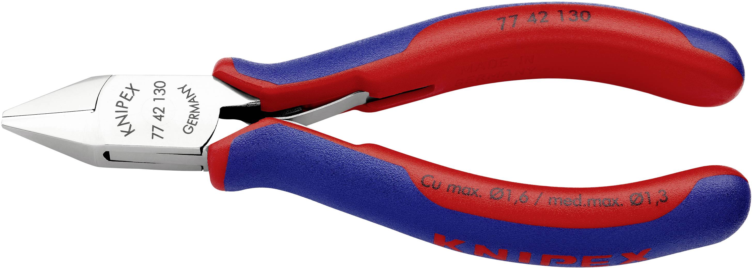 Beißzange mit roten und blauen Griffen, Knipex-Logo und Beschriftung auf der Klinge. Verwendet für Schneidarbeiten.