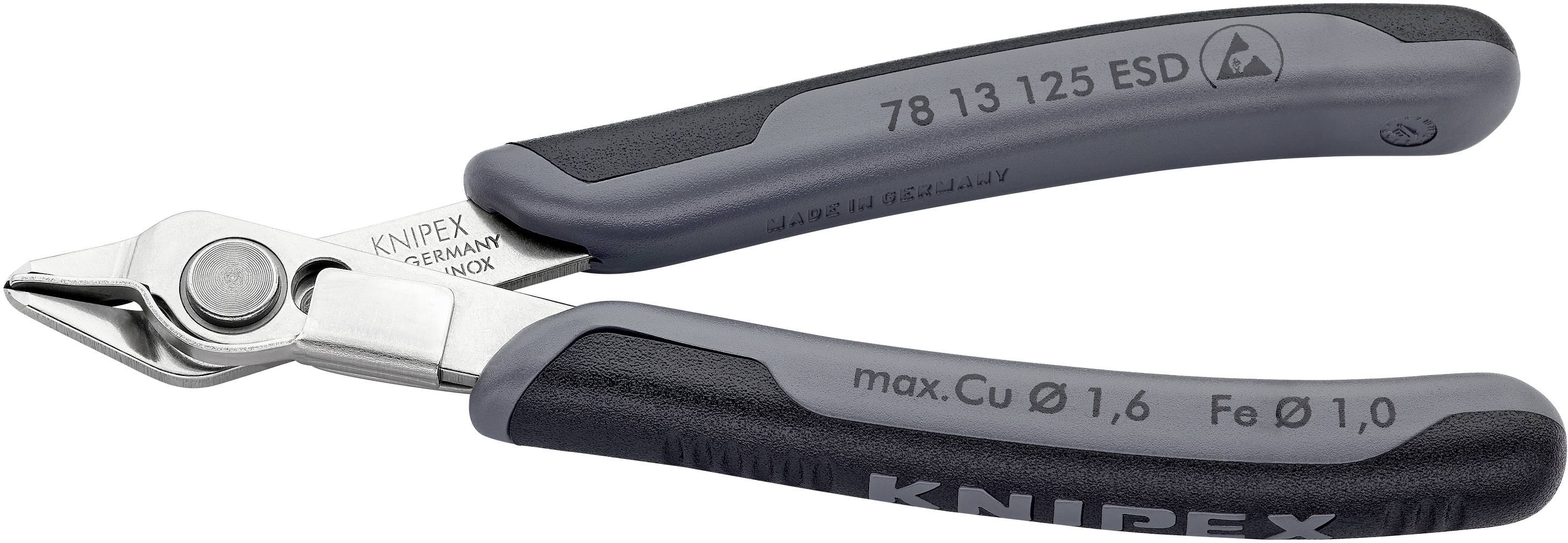 Ein Seitenschneider mit ergonomischem Griff, geeignet für präzises Schneiden in Elektronik-Arbeiten. Modell 'Knipex 78 13 125 ESD'.