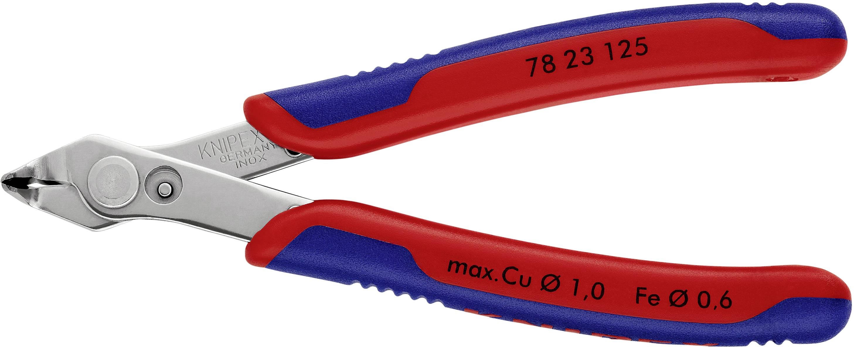 Blauer und roter Seitenschneider mit der Aufschrift 'max. Cu Ø 1,0 Fe Ø 0,6', geeignet zum Schneiden von Kupfer und Eisen bis zu den angegebenen Durchmessern.