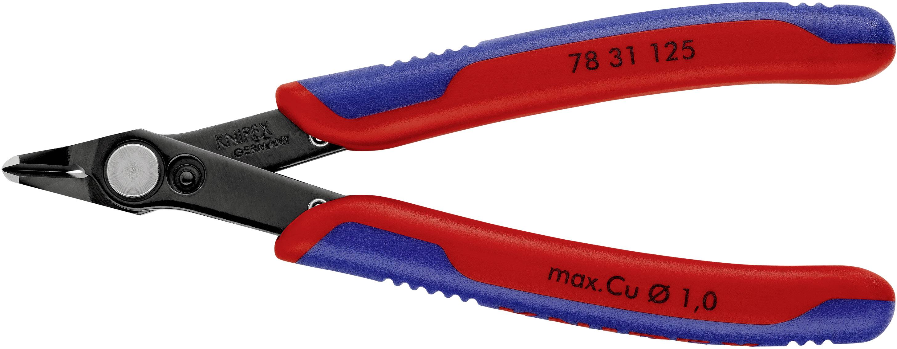 Eine rote und blaue Elektronik-Zange mit schwarzer Schneidfläche. Auf dem Griff steht 'max. Cu Ø 1,0' und Modellnummer.
