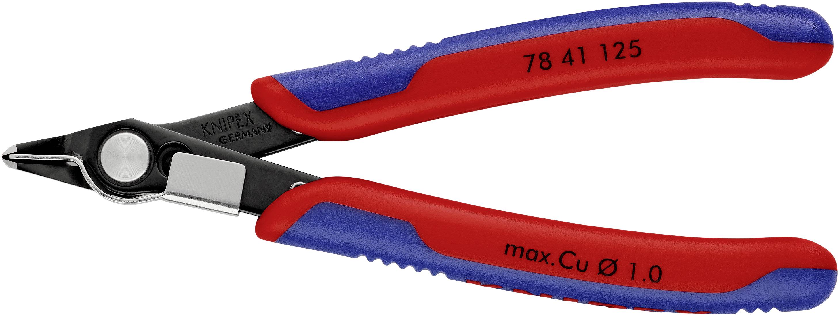 Eine rote und blaue Zange mit der Aufschrift '78 41 125' auf dem Griff. Geeignet für Arbeiten an Kabeln bis 1,0 mm Durchmesser.