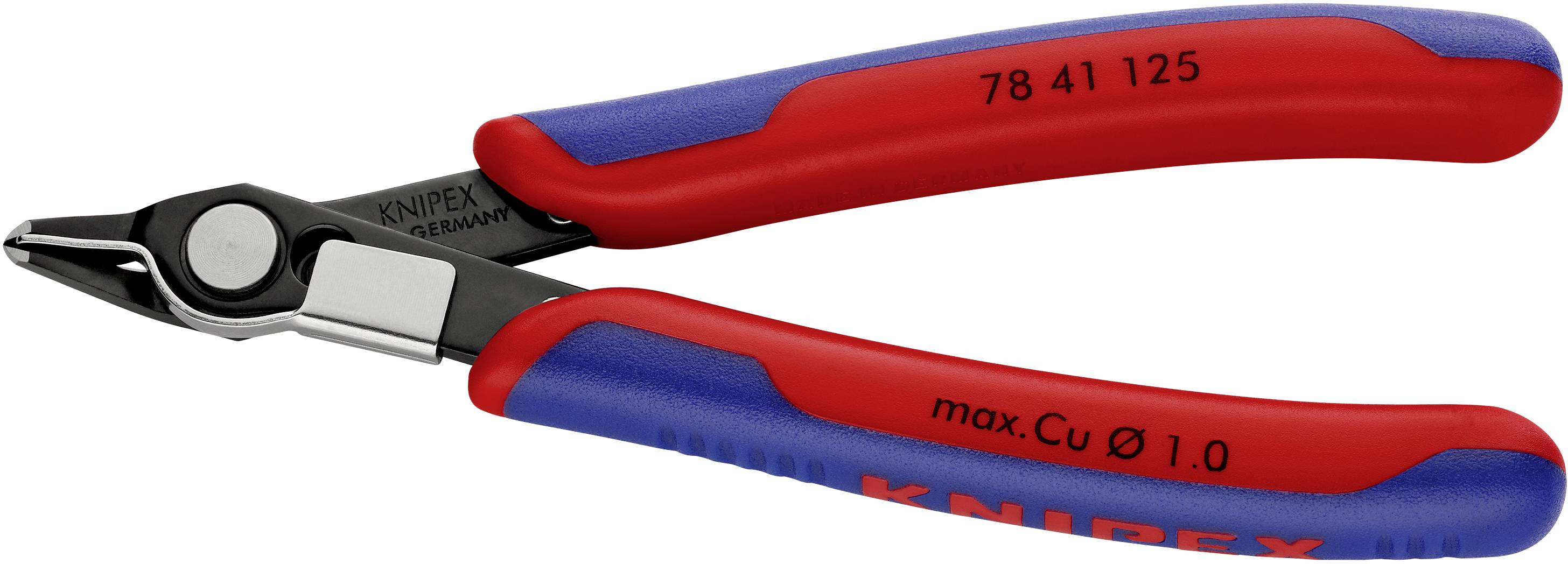 Seitenschneider mit rotem und blauem Griff, geeignet für Schneiden von Kupferdrähten bis 1 mm Durchmesser. Modellnummer 78 41 125.