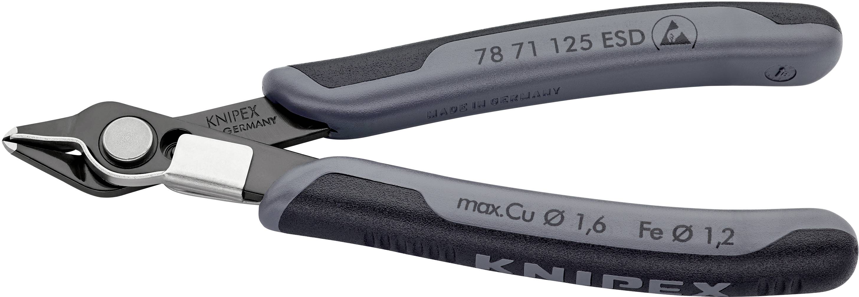 Elektronikkleinzange von Knipex mit grauen und schwarzen Griffen. ESD-sicher, spezifiziert für max. Drahtstärke: Cu Ø 1,6 mm, Fe Ø 1,2 mm.