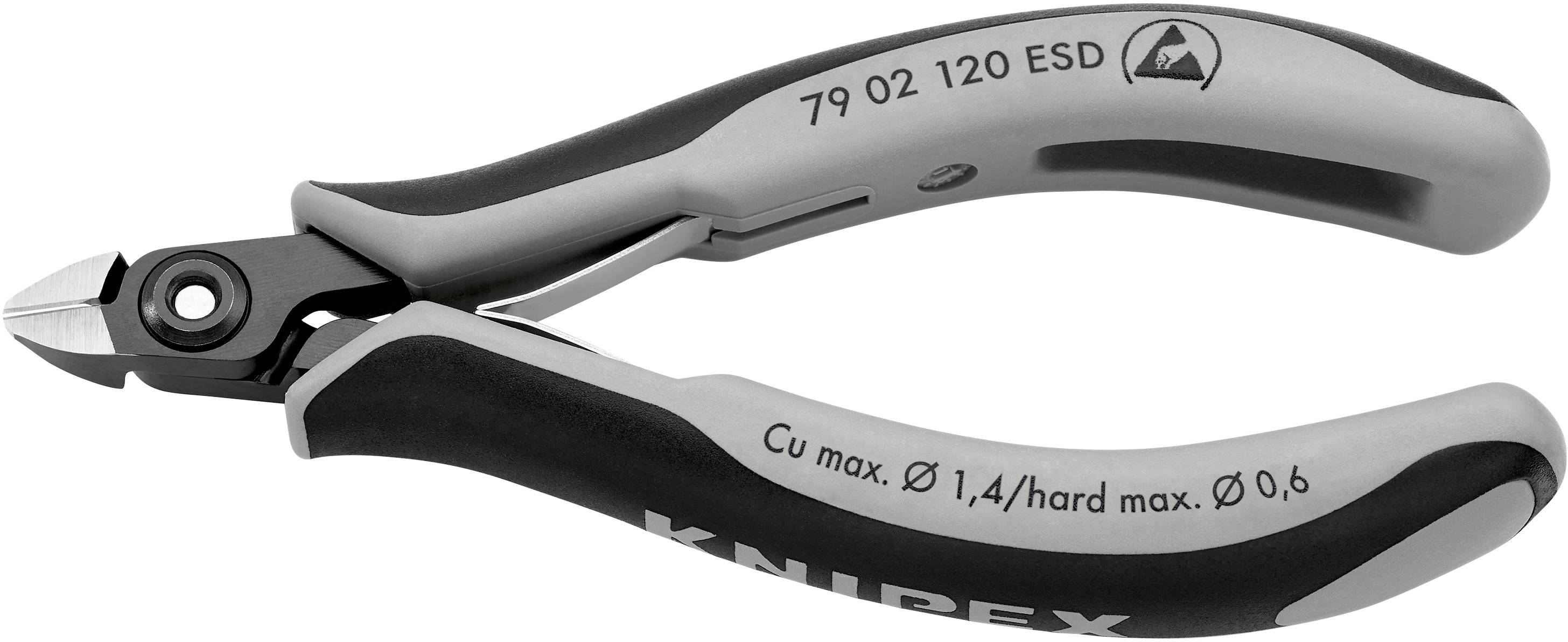 Eine grau-schwarze Präzisionszange mit der Aufschrift '79 02 120 ESD', geeignet für weichen und harten Draht bis 1,4 mm und 0,6 mm.
