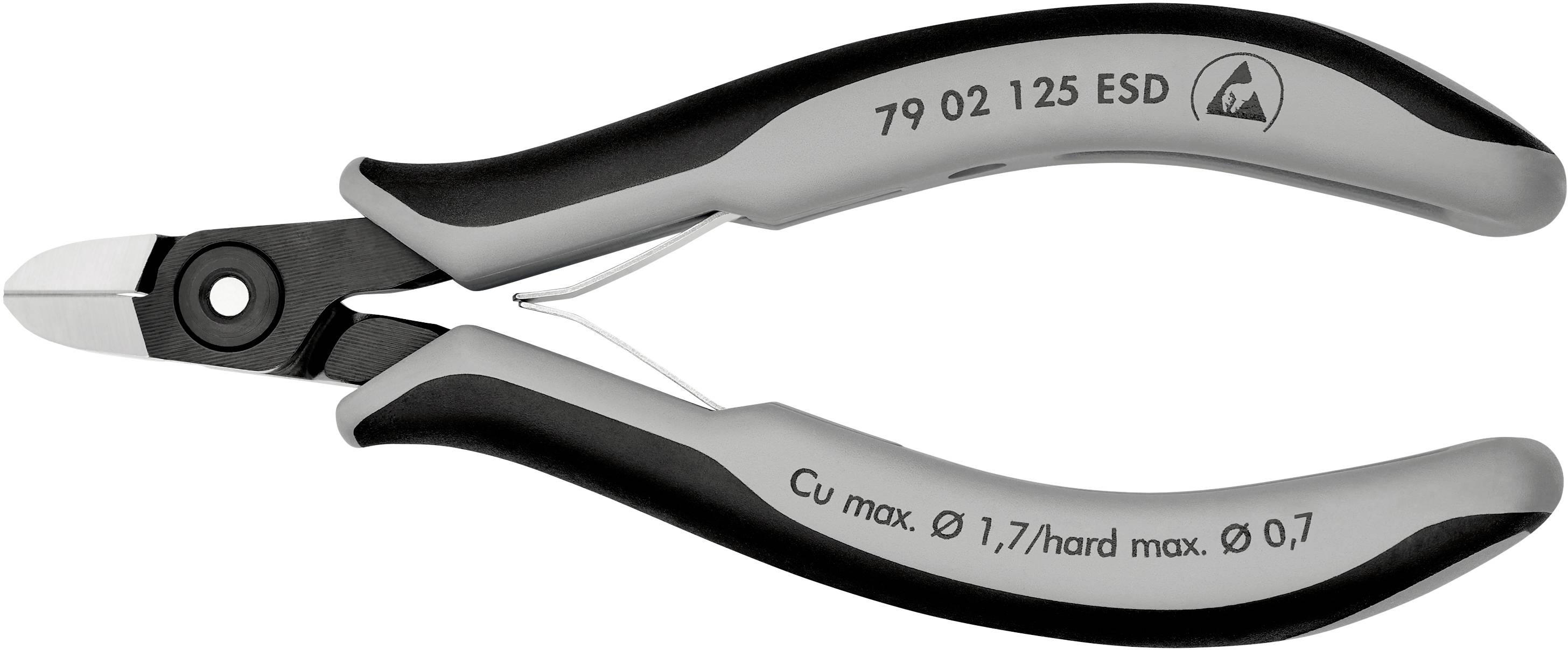 Ein Seitenschneider mit grauen Griffen, geeignet für ESD-Arbeiten. Beschriftung: 'Cu max. Ø 1,7/hard max. Ø 0,7'.