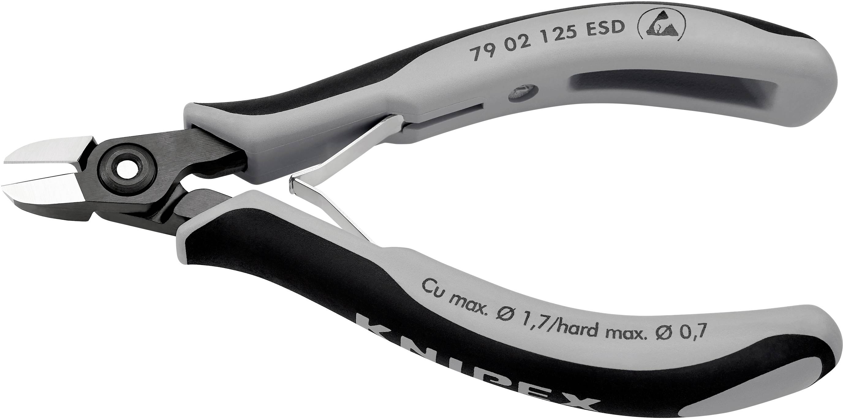 Seitenschneider mit grauem und schwarzem Griff, Aufschrift '79 02 125 ESD'. Geeignet für Kupferdraht bis 1,7 mm/harte Drähte bis 0,7 mm.