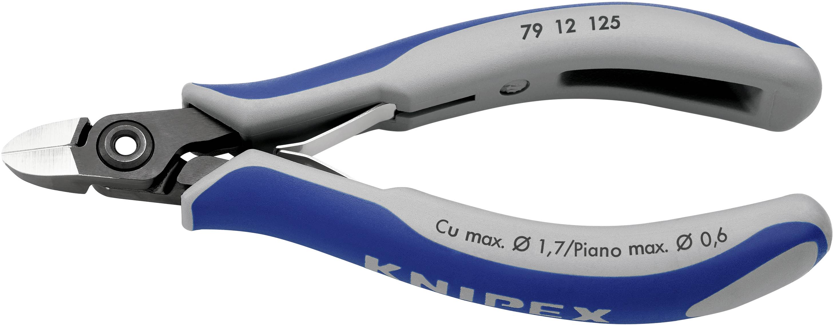 Blauer und grauer Seitenschneider, geeignet für Drähte mit einem maximalen Durchmesser von 1,7 mm, Marke Knipex erkennbar.