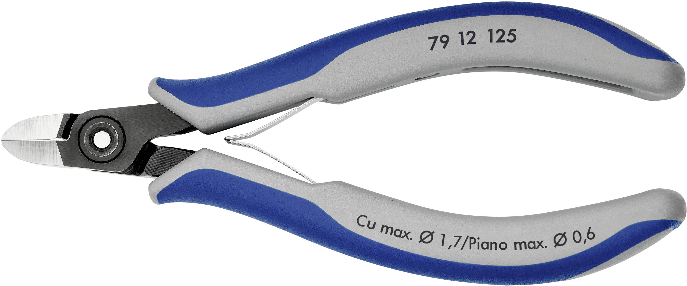 Ein blauer und grauer Seitenschneider für präzises Schneiden von Drähten. Aufschrift zeigt maximale Drahtstärke 'Cu max. Ø 1,7/Piano max. Ø 0,6'.