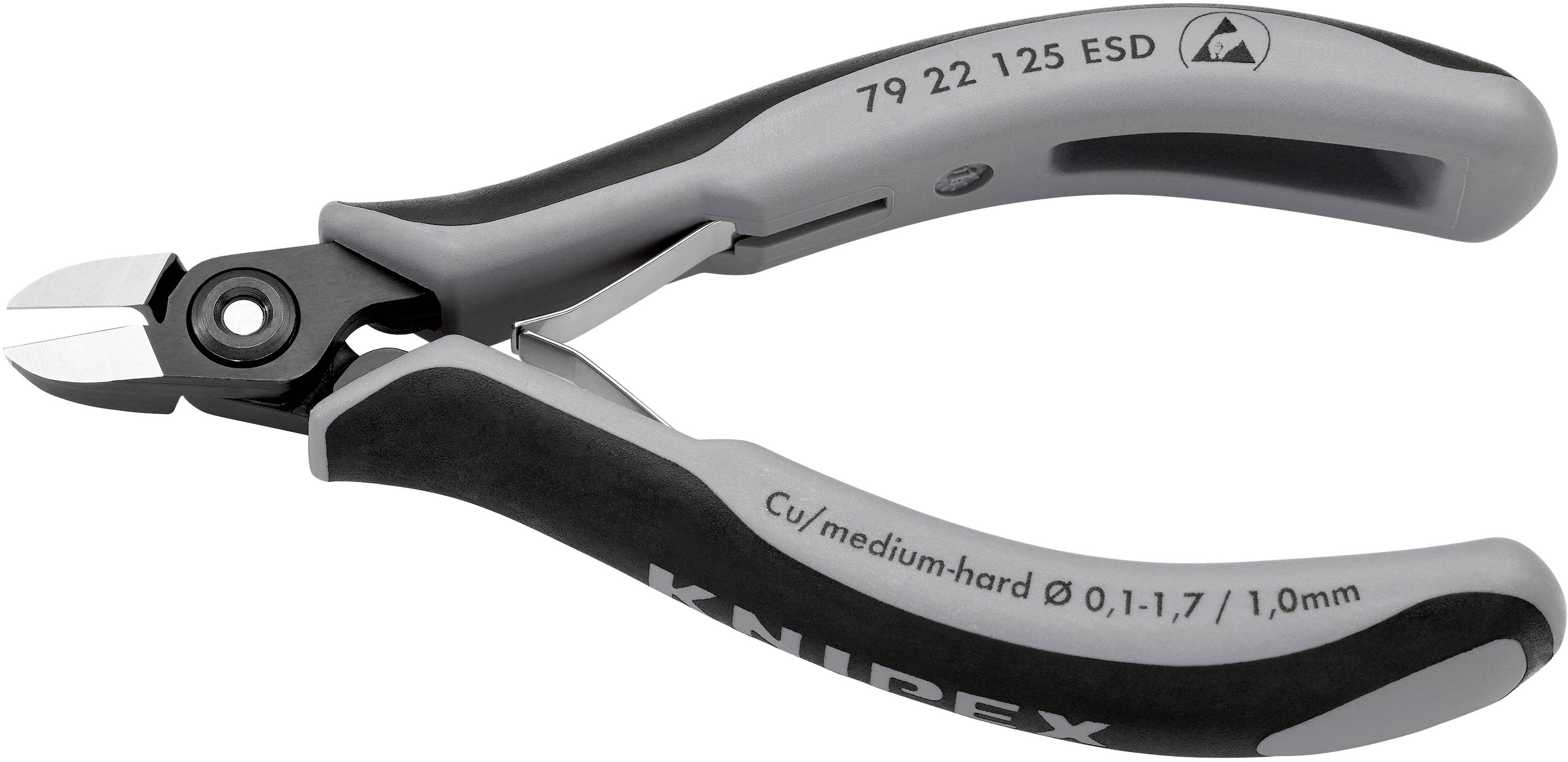 'Knipex Elektronik-Seitenschneider, 79 22 125 ESD, für Cu/medium-hard Draht, 0,1-1,7 mm/1,0 mm.' Abgewinkelte, ergonomische Griffe.