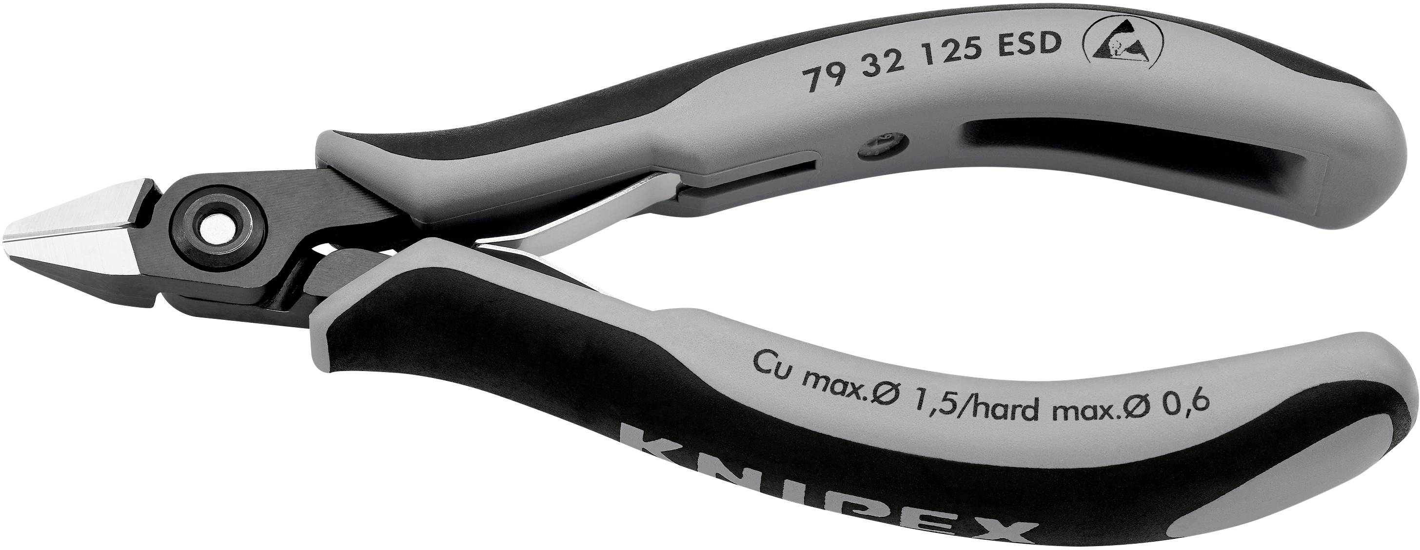 Grau-schwarzer Seitenschneider mit der Aufschrift 'Cu max. Ø 1,5/hard max. Ø 0,6', geeignet für Elektronikarbeiten.