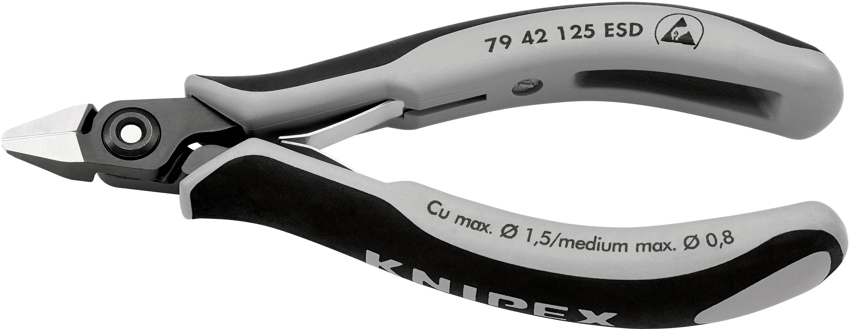 Seitenschneider mit schwarzem und grauem Griff, Modell 'KNIPEX 79 42 125 ESD', für präzises Schneiden von Draht bis 1,5 mm Durchmesser.