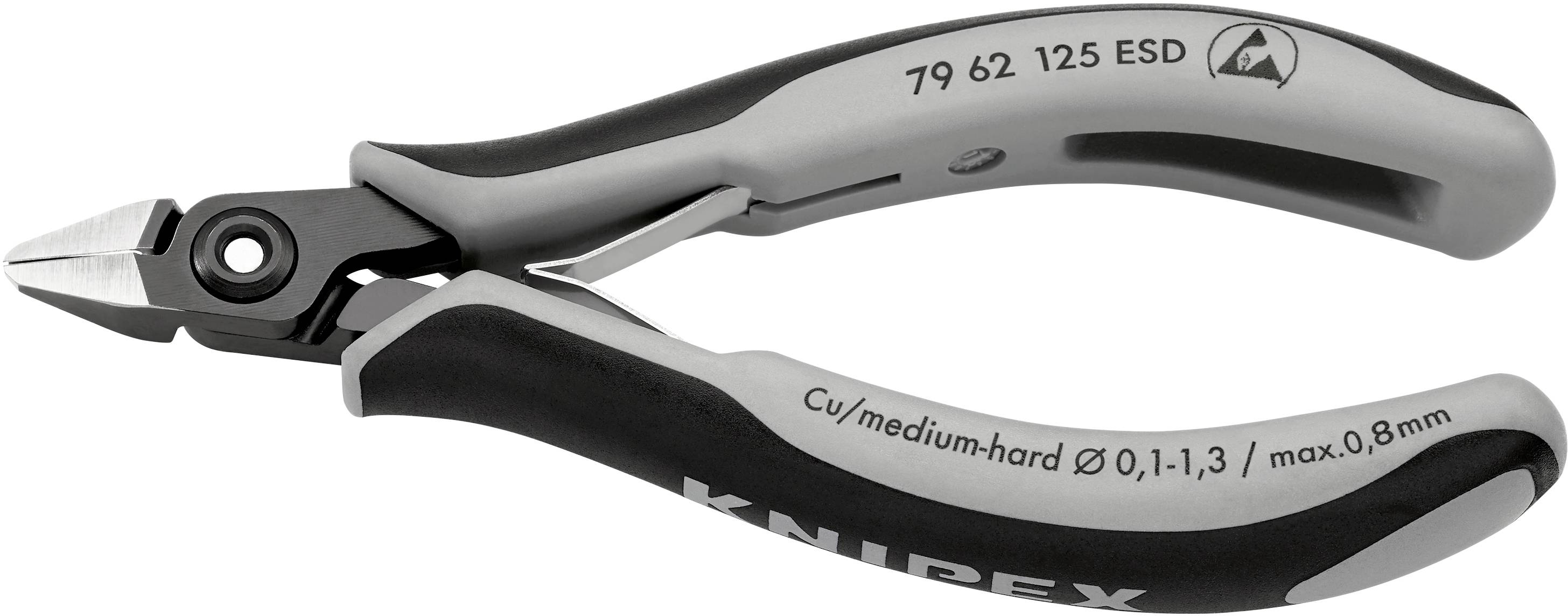 Eine schwarze und graue Präzisionszange der Marke Knipex, geeignet für mittelharten Draht mit einem Durchmesser von 0,1-1,3 mm.