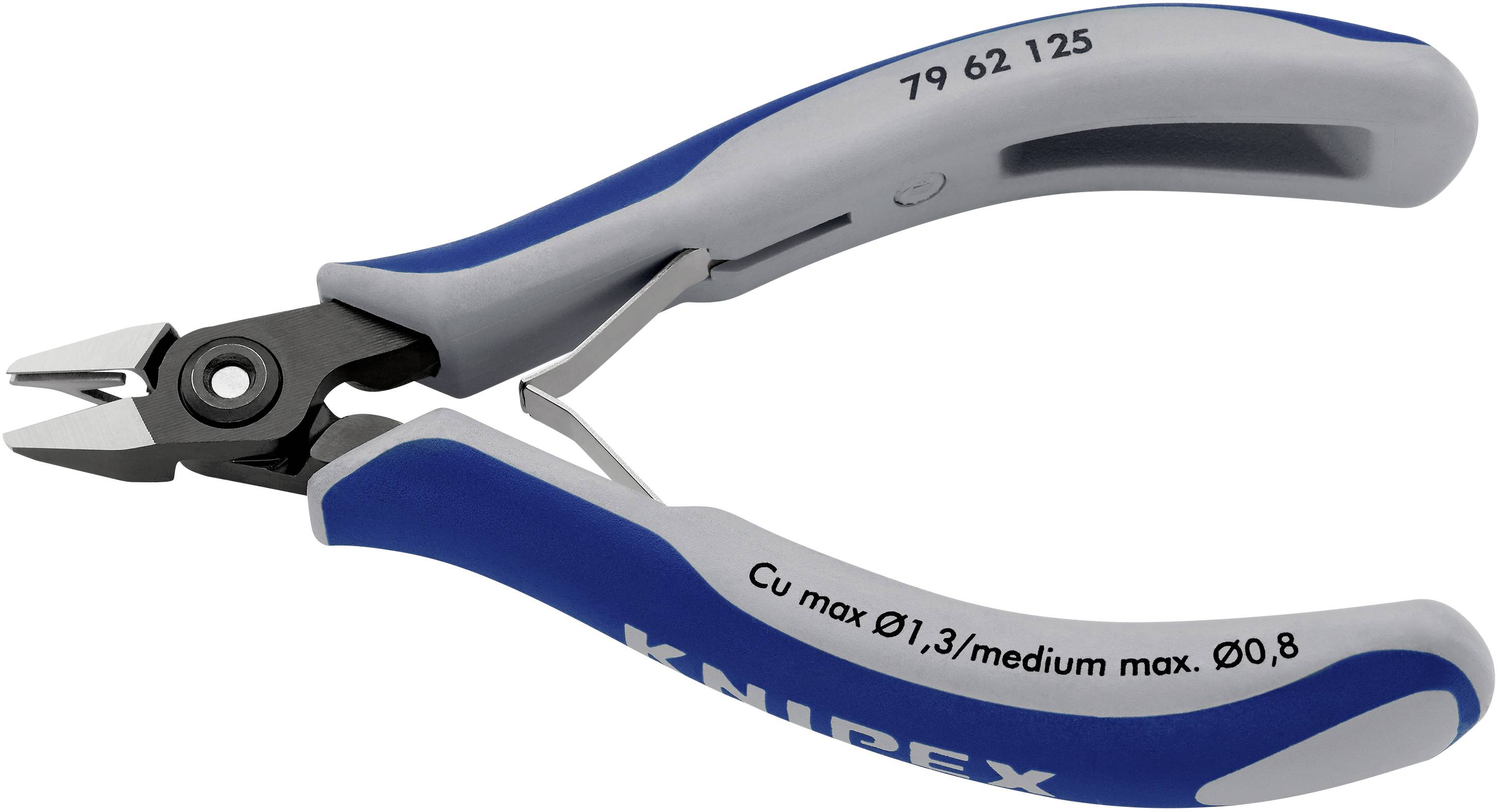 Seitenschneider, blau-grauer Griff, mit Aufschrift 'KNIP' und Spezifikationen 'Cu max Ø1,3/medium max. Ø0,8'; für präzises Schneiden.