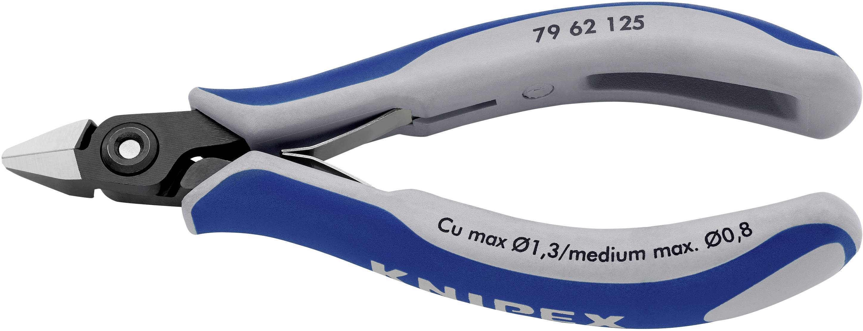 Eine blaue und graue Seitenschneiderzange mit der Aufschrift 'Cu max Ø1,3 /medium max. Ø0,8'. Werkzeug für präzises Schneiden.
