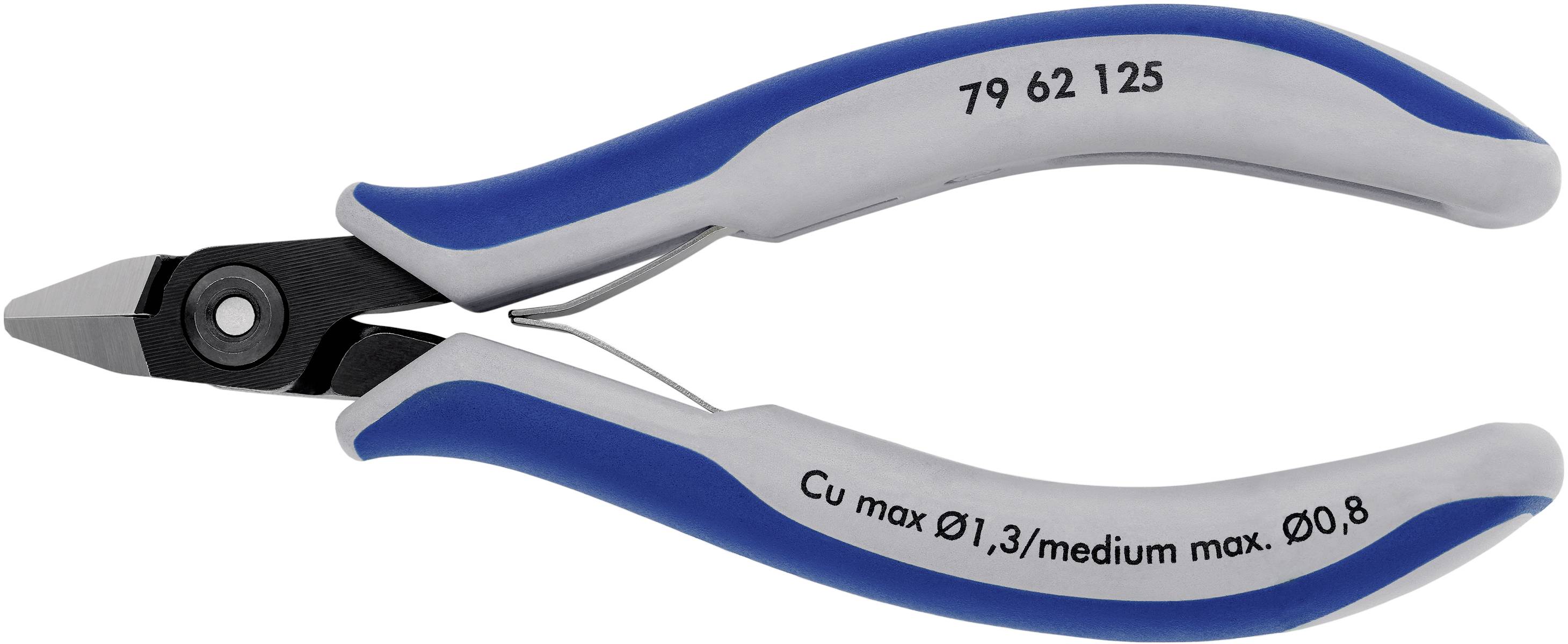 Die Abbildung zeigt eine Zange mit blauen Griffen, geeignet für Kupferdraht bis Ø1,3 mm und mittlere Stärke bis Ø0,8 mm.