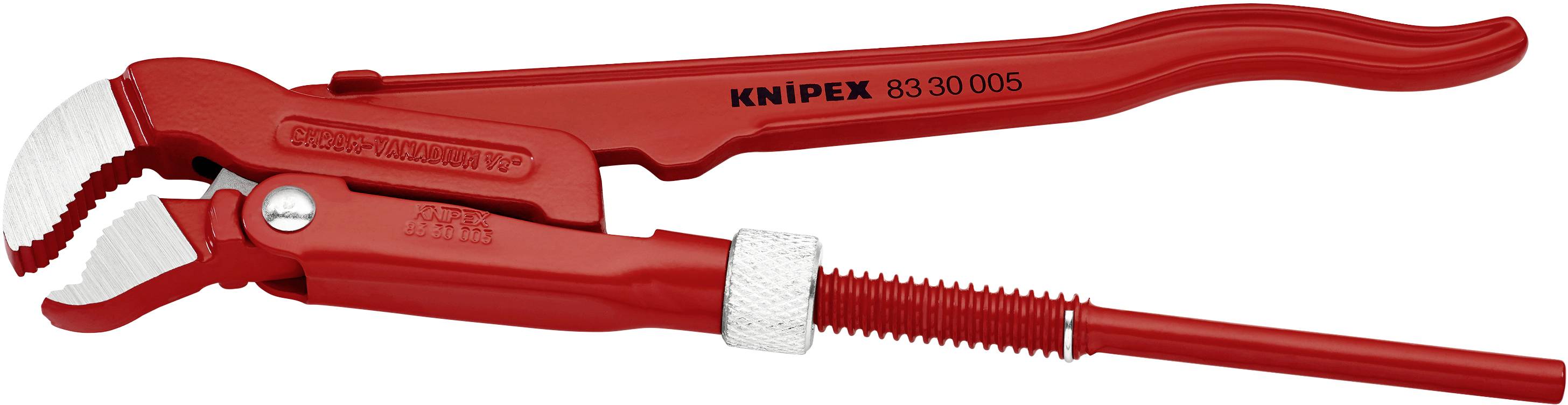 Eine rote Verstellzange der Marke Knipex mit geriffelten Backen und einem drehbaren Griff zur Anpassung der Öffnungsweite.