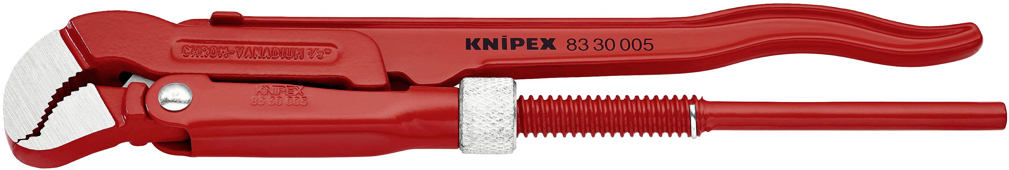 Rote Rohrzange mit verstellbarem, gezahntem Kiefer und langem Griff.
