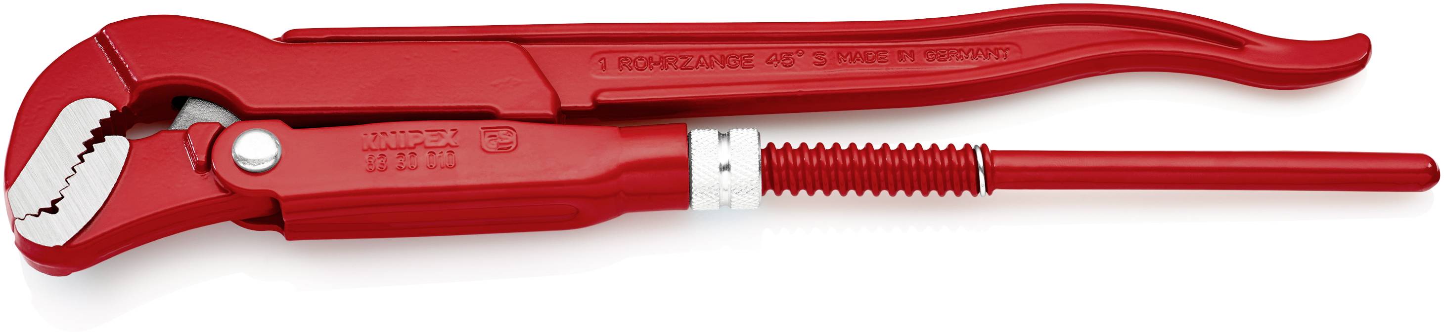 Rote Rohrzange mit verstellbarem Kopf und langem Griff, geeignet zum Festhalten und Drehen von Rohren oder ähnlich geformten Objekten.