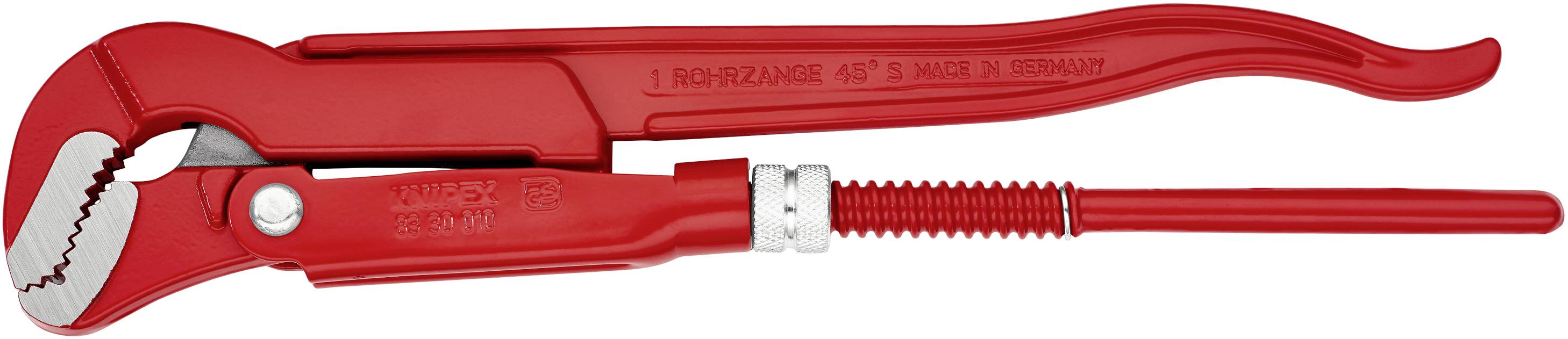 Rote Rohrzange aus Metall mit gezackten Greifbacken und verstellbarem Mechanismus, entwickelt für das Greifen und Drehen von Rohren.