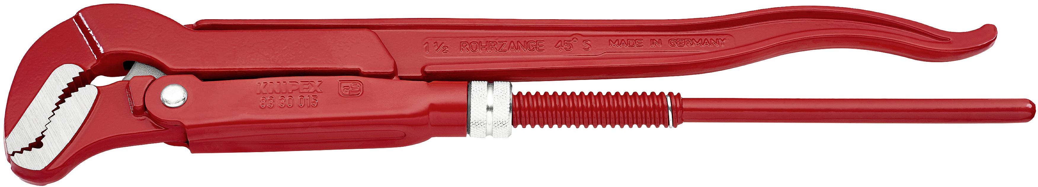 Rote Rohrzange mit gezacktem Maul, geeignet zum Greifen von Rohren und runden Objekten.