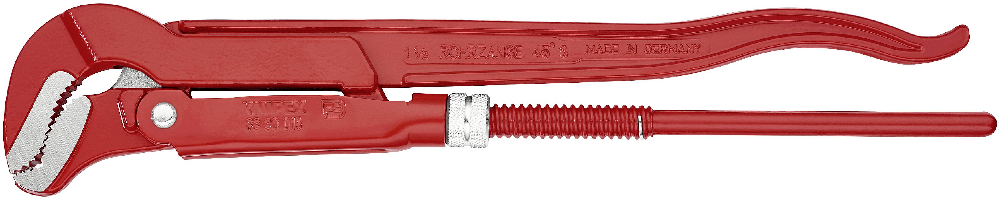 Rote Rohrzange mit verstellbarem Griff und gezahnten Backen, vollständig geöffnet.