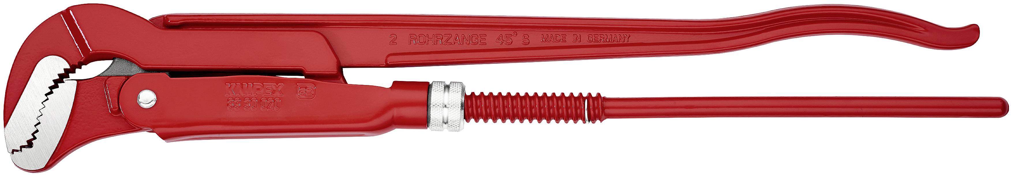 Rote Rohrzange mit gezahntem Maul, geeignet zum Greifen und Drehen von Rohren und Schraubverbindungen.
