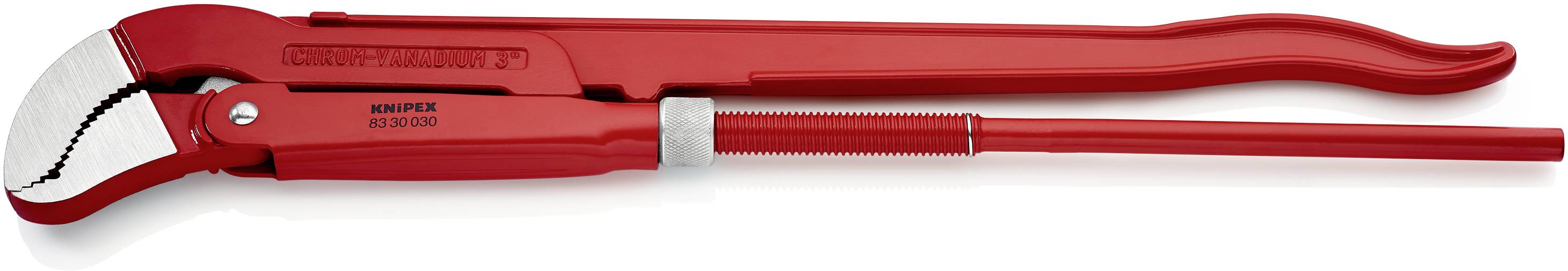 Rote Rohrzange aus Metall auf weißem Hintergrund.